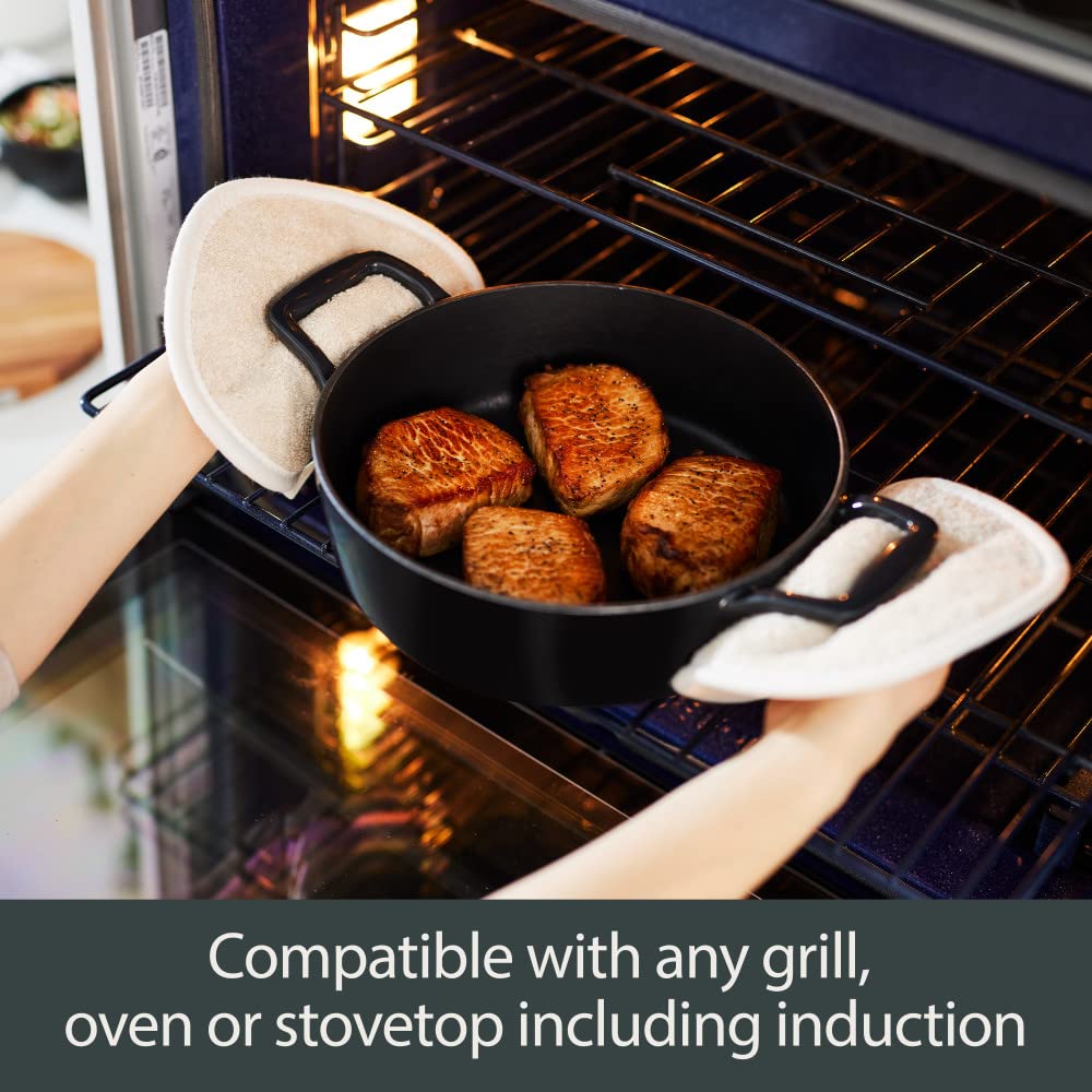 All-Clad 11 Inch Enameled Cast Iron Square Grill Pan with Acacia Wood Trivet - Induction, Oven & Broiler Safe Up to 650°F - Premium Black Cookware for Grilling, Searing & Roasting - Perfect for Steaks, Burgers & Vegetables