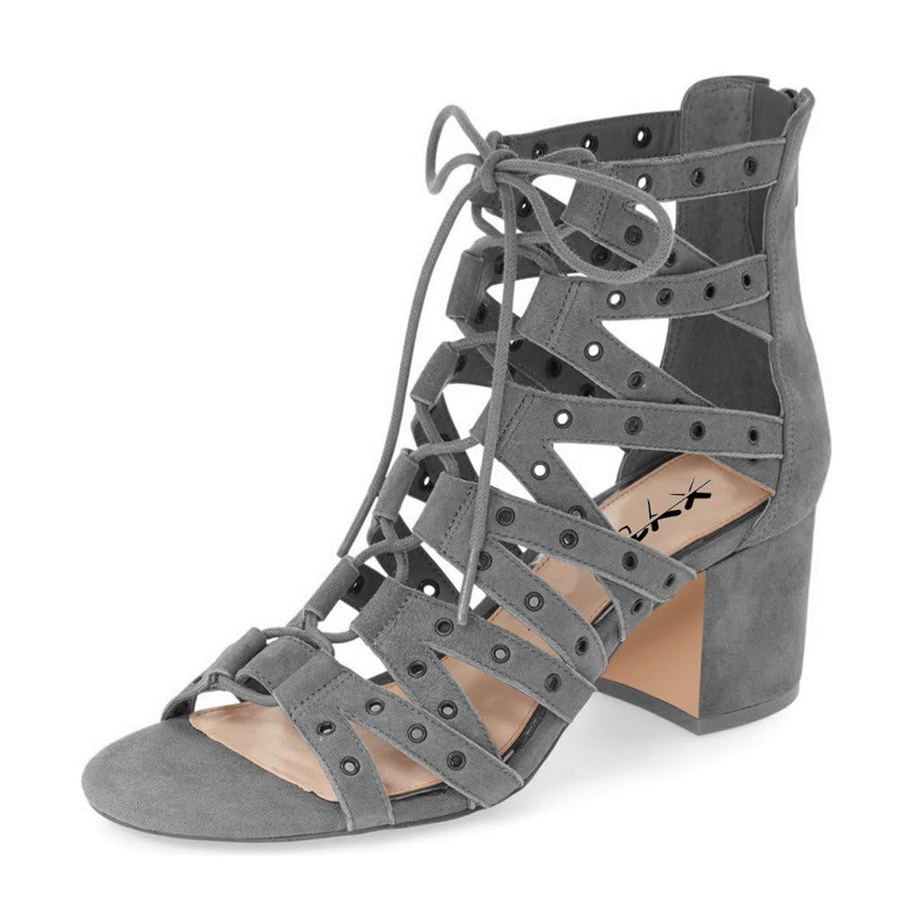 XYD Women's Gladiator Sandals - Caged Block Heel Open Toe Sandals with Grommet Straps & Back Zipper - Fashionable Dress Pumps for Parties, Weddings & Night Out