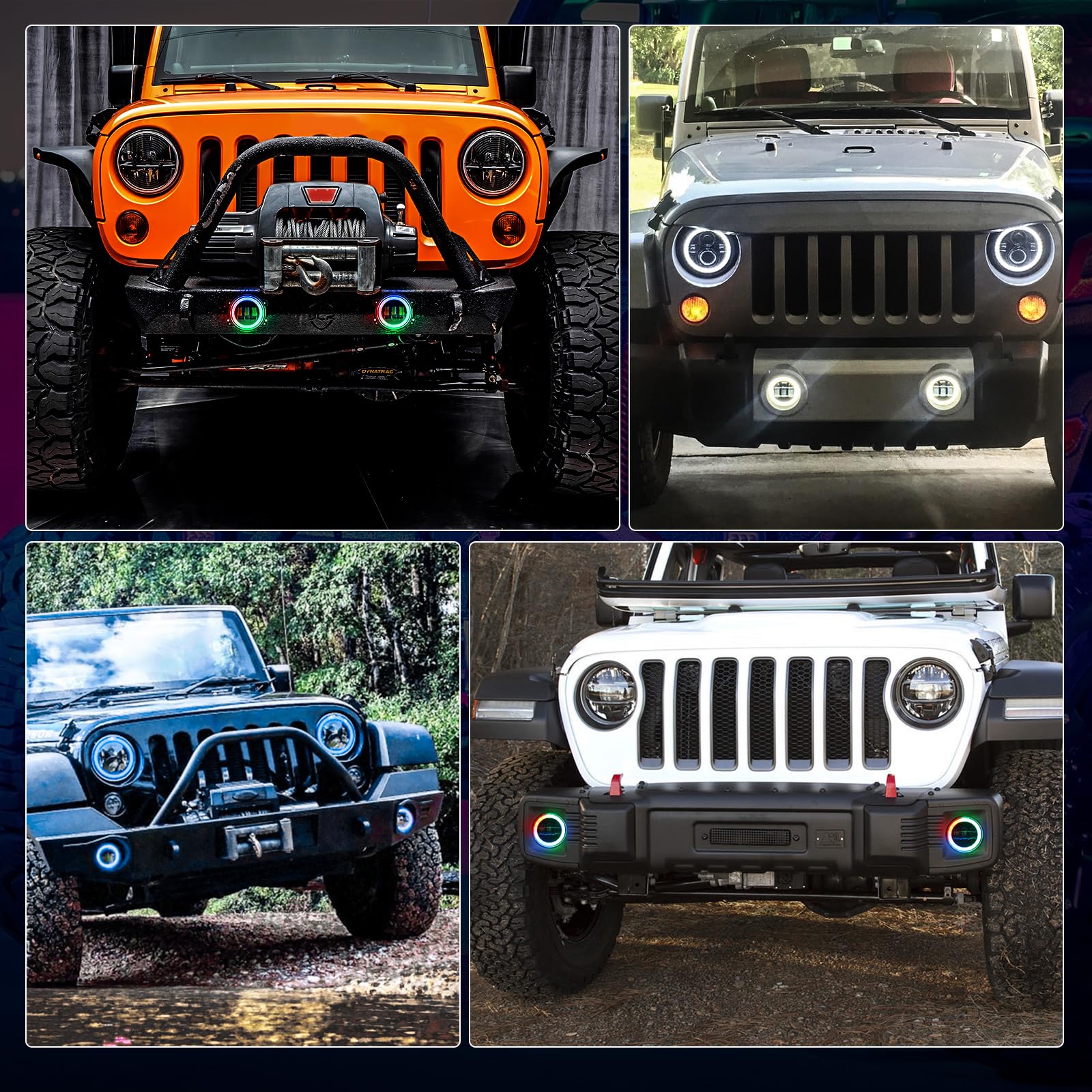 4 Inch RGB LED Fog Lights for Jeep Wrangler JK 2007-2018 | Bluetooth Controlled Halo Fog Lights with Flashing Modes | Off-Road, Night Driving & Custom Car Lighting