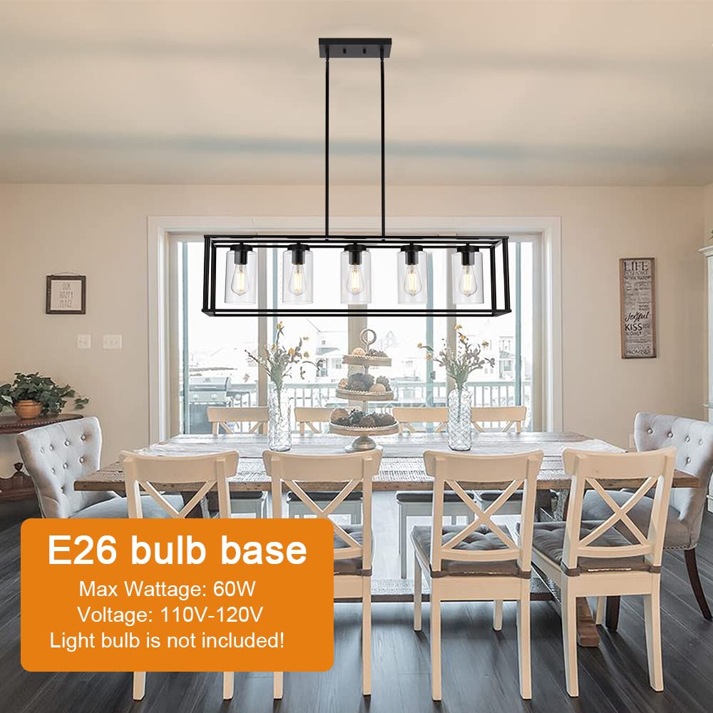 VINLUZ 5-Light Black Rectangle Farmhouse Chandelier - Adjustable Hanging Pendant Light with Glass Shade for Dining Room, Kitchen Island & Modern Home Decor | Rustic Industrial Ceiling Lighting Fixture