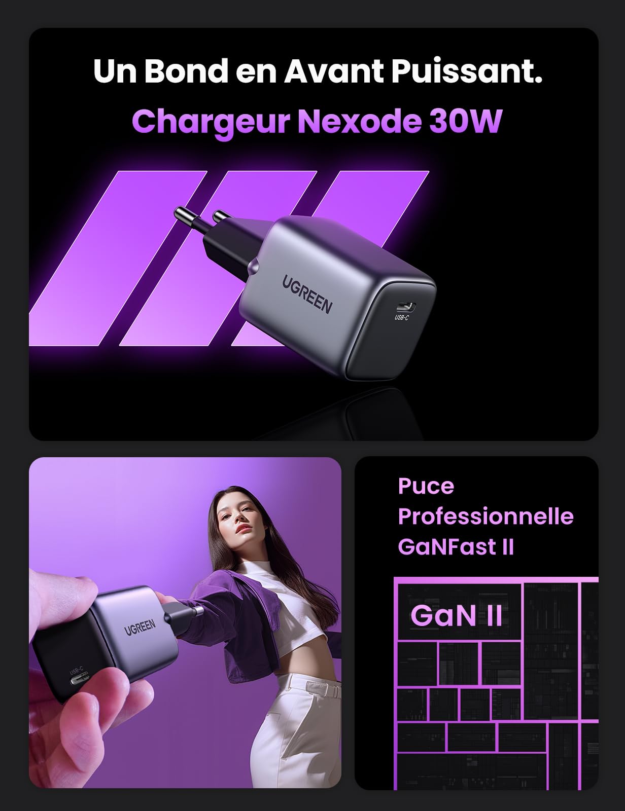 UGREEN Nexode 30W GaN Fast Charger with USB C Cable - Compact PD Charging Block for iPhone 16/15/14/13/12, iPad Pro/Air/Mini, MacBook Air, Galaxy S24/S23/S22, Pixel 9/8 - Fast Charging for Home, Office & Travel