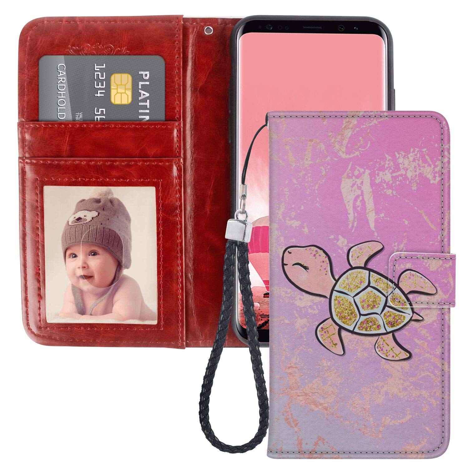 Samsung Galaxy S8 Wallet Case - Pink Sea Turtle PU Leather Full Body Protective Cover with Card Slot | Slim & Durable Design for Everyday Use, Travel, and Business (Compatible with Samsung Galaxy S8)