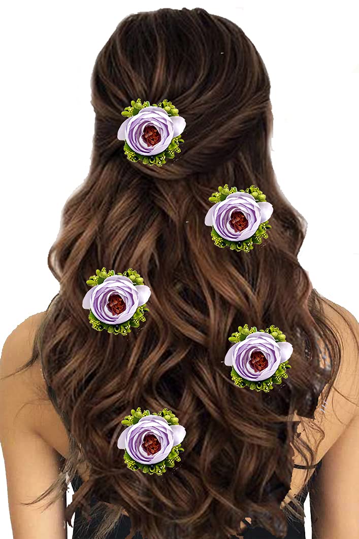 Artificial Rose Flower Hair Pins for Women - Bridal Wedding Hair Accessories, Hair Clips, Juda Pins (Purple, Pack of 5) - Perfect for Weddings, Prom, Parties & Special Occasions