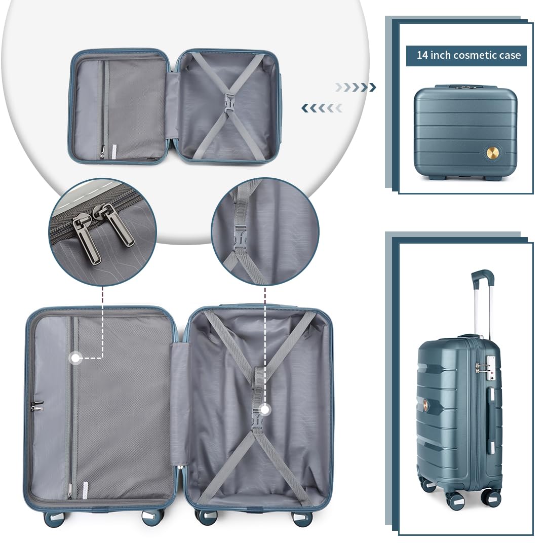 Somago Lightweight Hardside Polypropylene Luggage Set with Packing Cubes - 4-Piece Spinner Suitcase with TSA Lock & Double Wheels for Travel | Perfect for Business Trips, Vacations & Airplane Carry-On (Ice Blue)