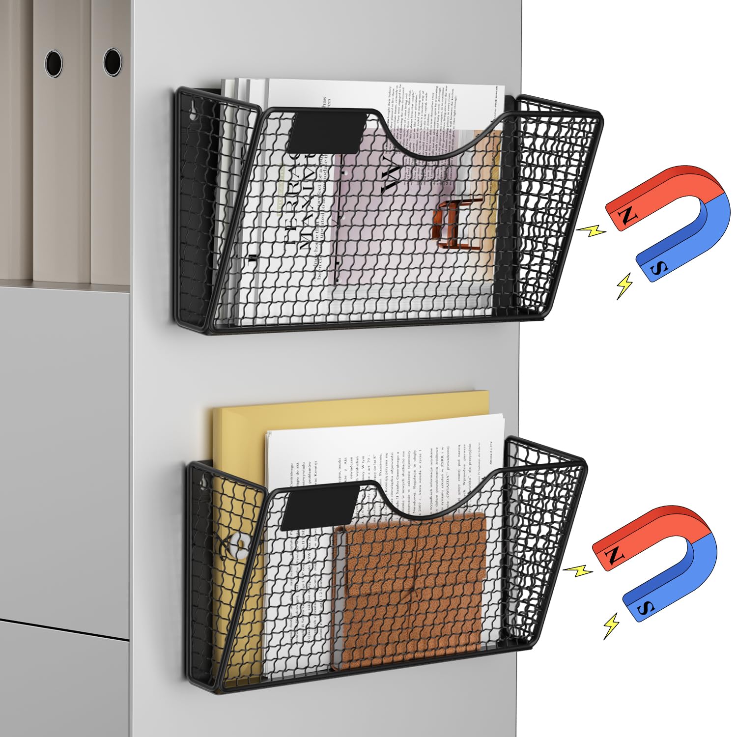MFTEK Magnetic File Holder - 2-Pocket No Drill Magnetic Folder Organizer for Papers, Mail, Magazines - Wall & Fridge Mount Storage Rack for Office, Classroom, Kitchen & Home Organization