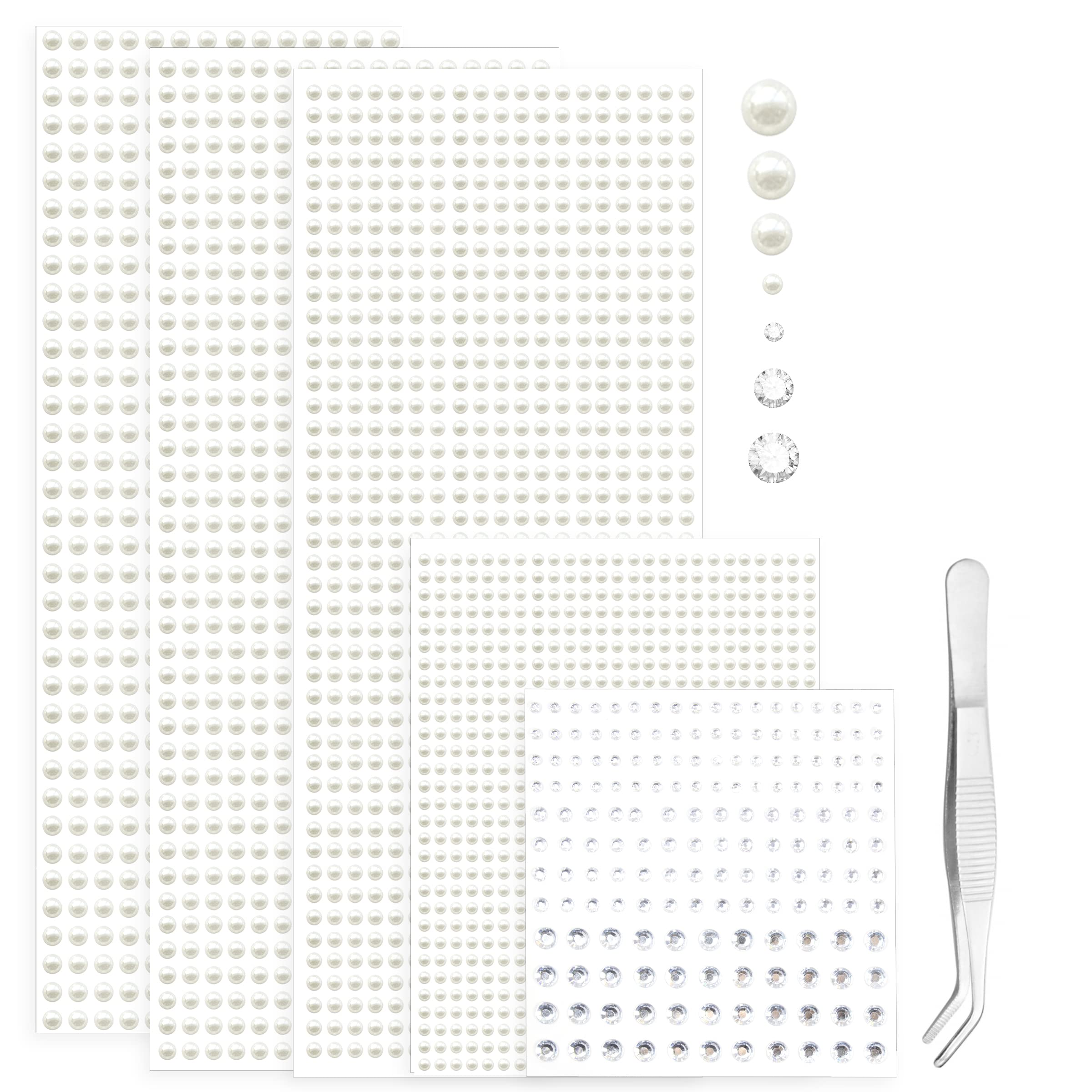 5 Sheets White Pearl 3D Self-Adhesive Rhinestone Stickers - 3mm/4mm/5mm/6mm Temporary Tattoo Gems for Nails, Face, Eyes & Body - Perfect for DIY Nail Art, Costume Makeup, Festival Outfits & Body Jewelry