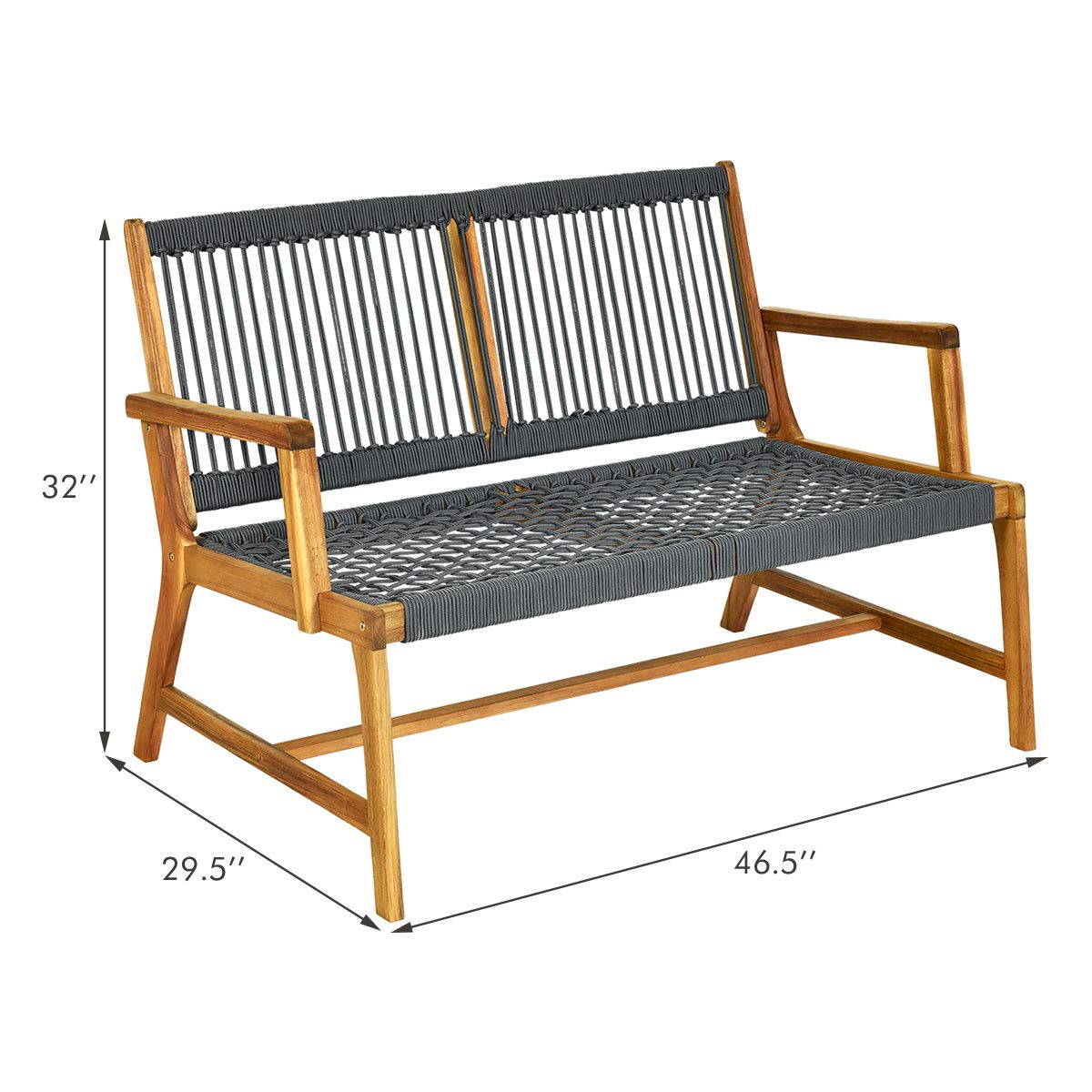Tangkula 2-Person Acacia Wood Outdoor Bench Loveseat with Rope Design & Teak Oil Finish - Patio, Balcony, Deck, Poolside & Porch Seating (Grey) - Perfect for Garden Relaxation & Backyard Lounging