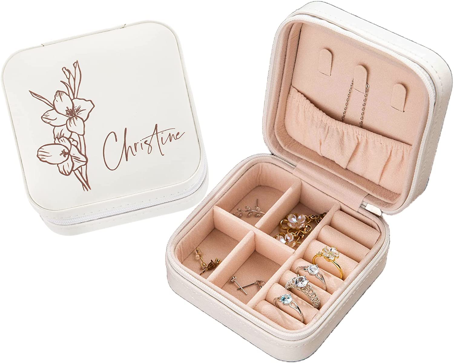 Personalized Birth Flower Jewelry Box for Women - 3-Layer Jewelry Organizer with Name Engraving, Travel Jewelry Case for Earrings, Rings & Necklaces - Perfect Wedding, Engagement, Birthday Gift for Her - Great for Home Storage & Travel Accessories