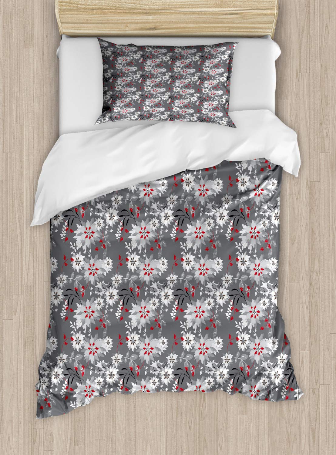 Ambesonne Floral Duvet Cover Set - Twin Size 2-Piece Bedding with Pillow Sham | Spring Nature Design in Pale Grey & Vermilion | Perfect for Bedroom Decor, Guest Room & Cozy Home Styling