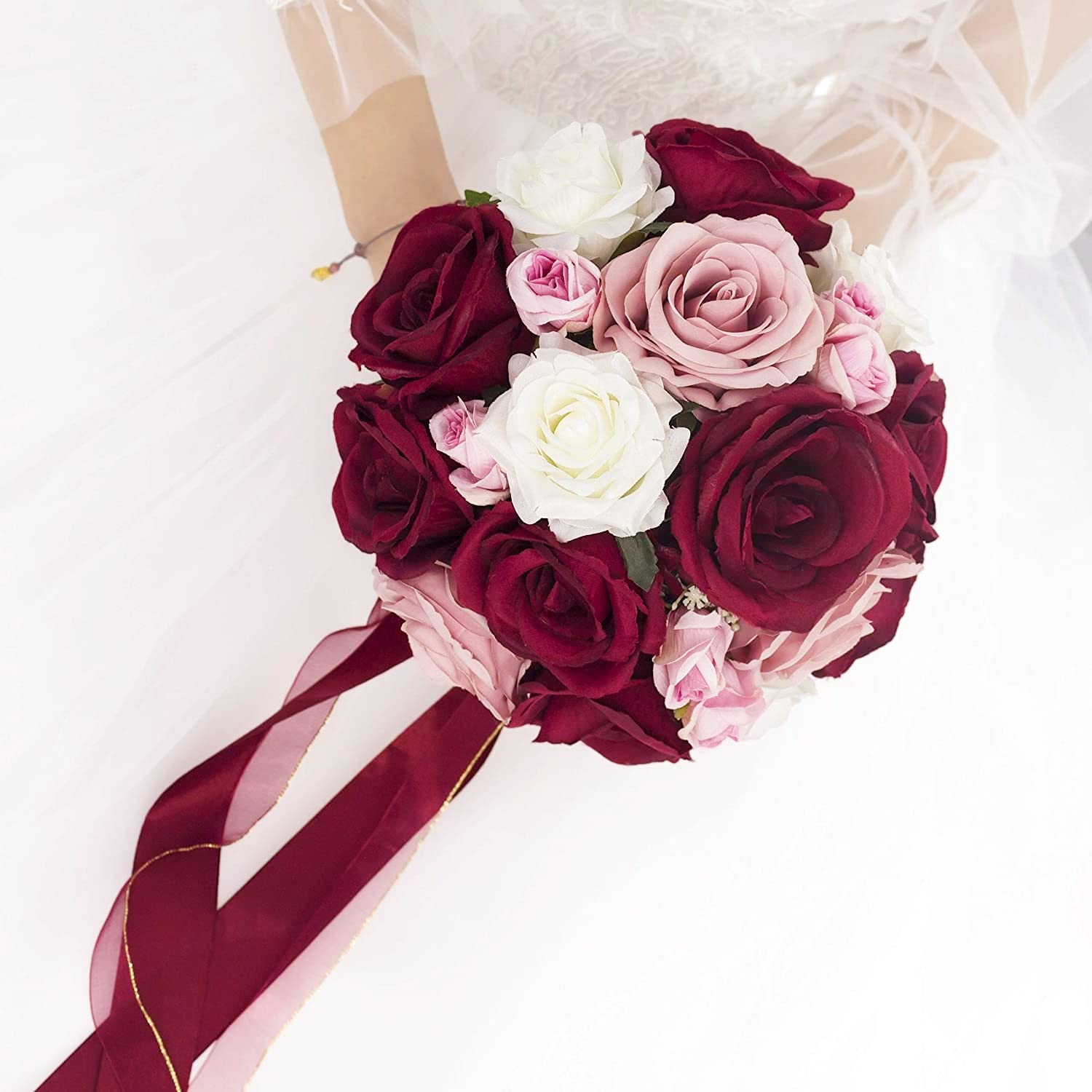 9-Inch Real Touch Burgundy & Dusty Rose Bouquet with Blush Pink White Roses - Premium Artificial Wedding Flowers for Bridal Bouquets, Centerpieces & Home Decor