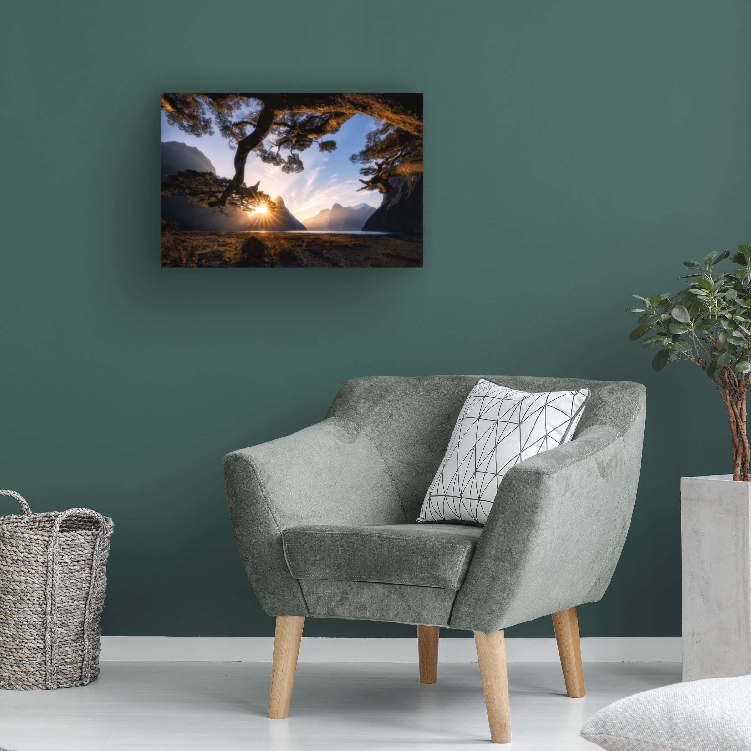 Trademark Fine Art 'Sunny Day In Milford Sound' Canvas Wall Art Print by Jingshu Zhu - Landscape Painting for Living Room, Bedroom & Office Decor