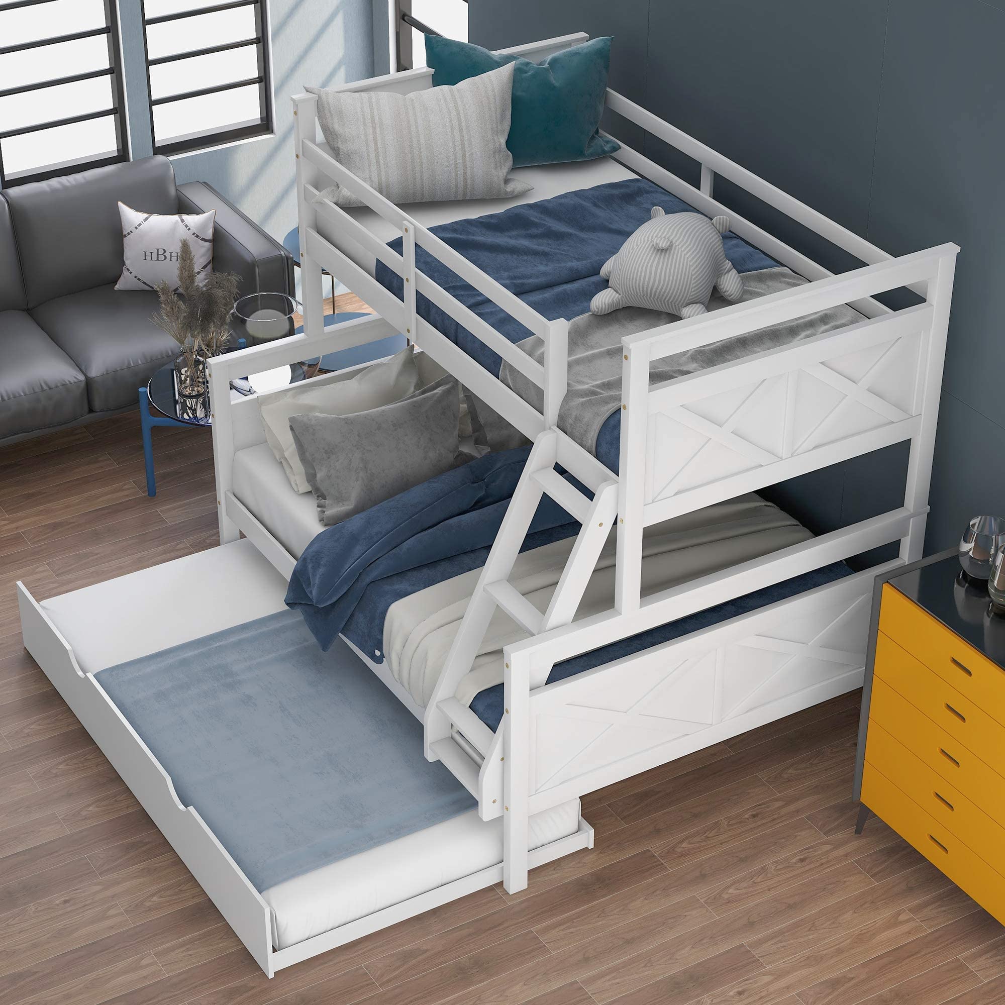 SOFTSEA Twin Over Full Bunk Bed with Trundle - Solid Wood Convertible Bunk Bed Frame with Ladder & Safety Guardrails for Kids - Transforms to 2 Separate Beds or Loft Bed - Perfect for Small Bedrooms, Guest Rooms & Kids' Shared Spaces (White)