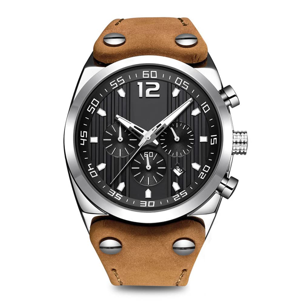 AZPINGPAN Analog Quartz Men's Watch - Sporty Luminous Waterproof Genuine Leather Strap, Luxury Business Dress Chronograph Watch in Brown | Perfect for Office, Formal Events & Everyday Wear