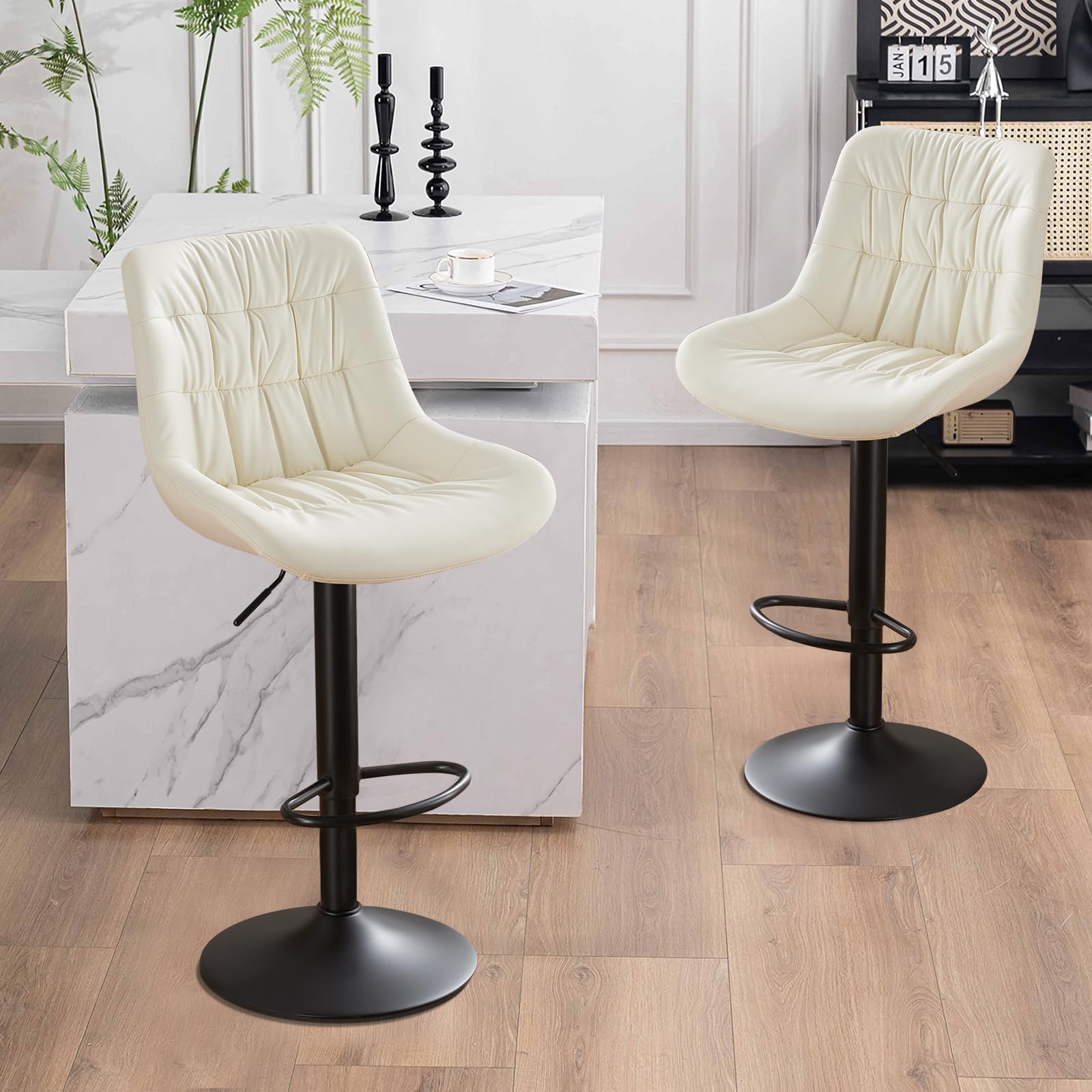 Modern Adjustable Swivel Bar Stools Set of 2 - High Back Faux Leather Counter Height Barstools, Upholstered Kitchen Island Chairs for Home Bar, Restaurant & Cafe (Beige) - Perfect for Entertaining, Dining & Small Space Decor
