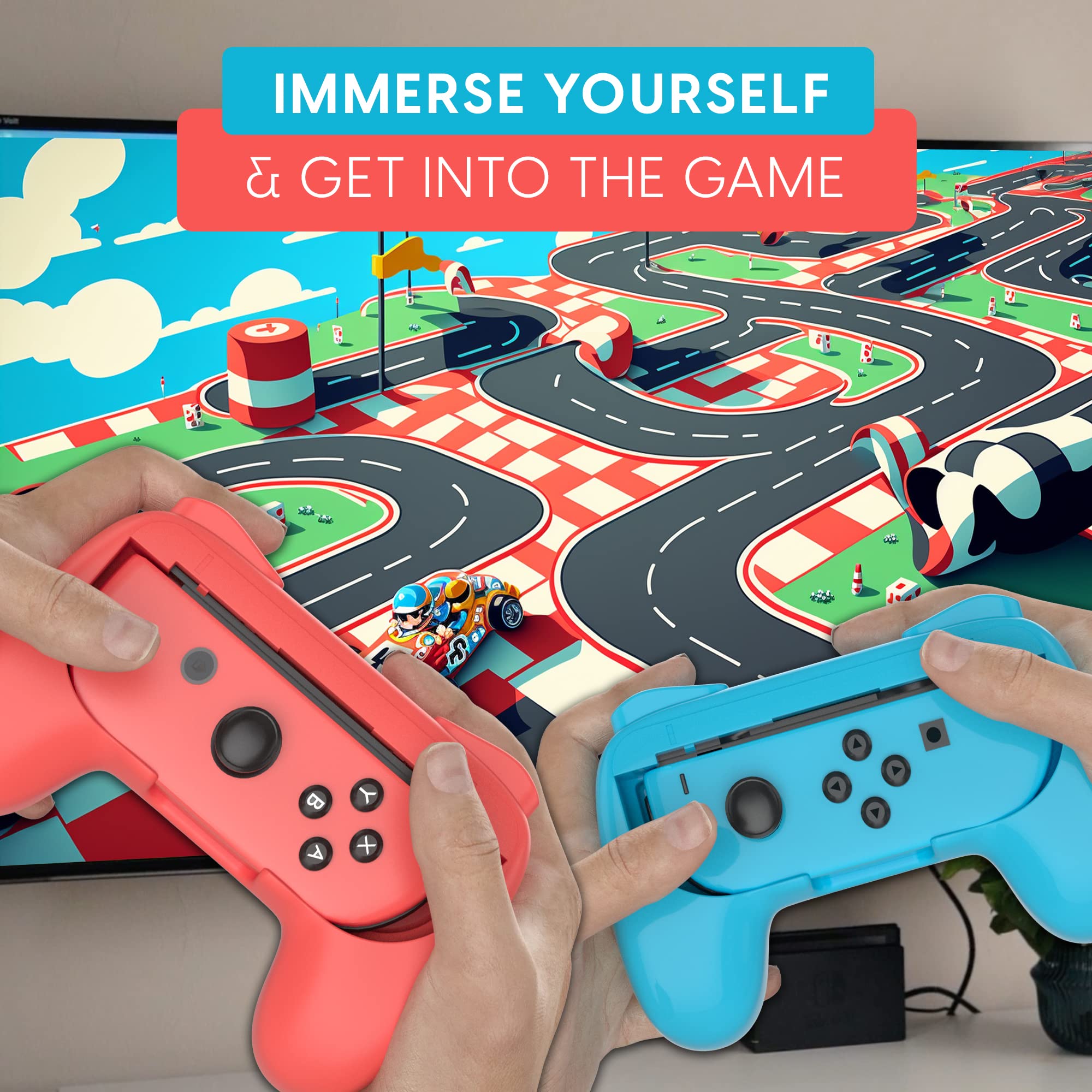 TALK WORKS Ergonomic Joy-Con Grips for Nintendo Switch - Secure & Comfortable Gaming Controller Grips Set (Blue/Red Combo, 2 Pack) - Perfect for Handheld Mode, Long Gaming Sessions & Multiplayer Games