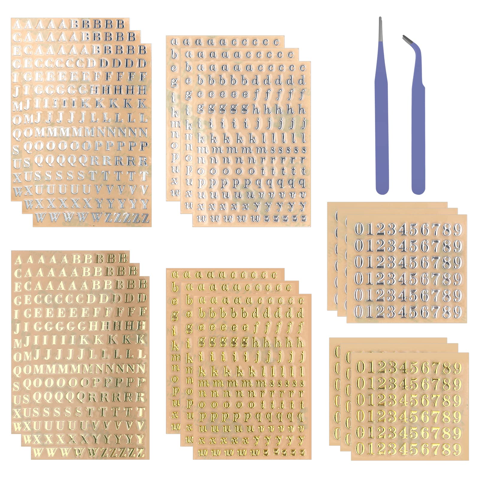 SAVITA 18 Sheets Small Self-Adhesive Glitter Alphabet & Number Stickers - Metallic Letter Stickers for Scrapbooking, DIY Crafts, Photo Albums, Journals, and Card Making - Includes 2 Tweezers for Easy Application