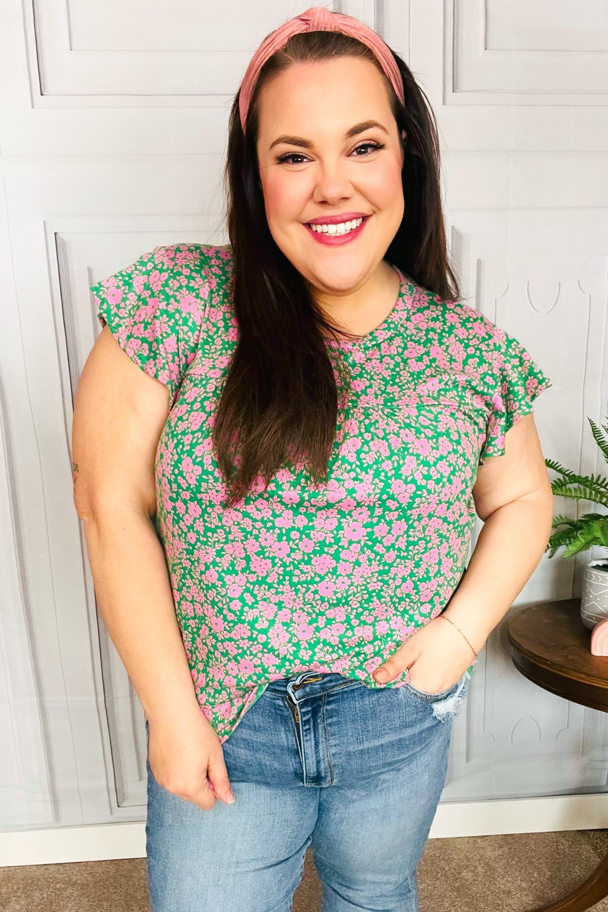 Dreamy Green & Pink Floral Ruffle Short Sleeve Blouse - Women's Boho Chic Yoke Top for Summer Outfits, Date Nights & Beach Vacations