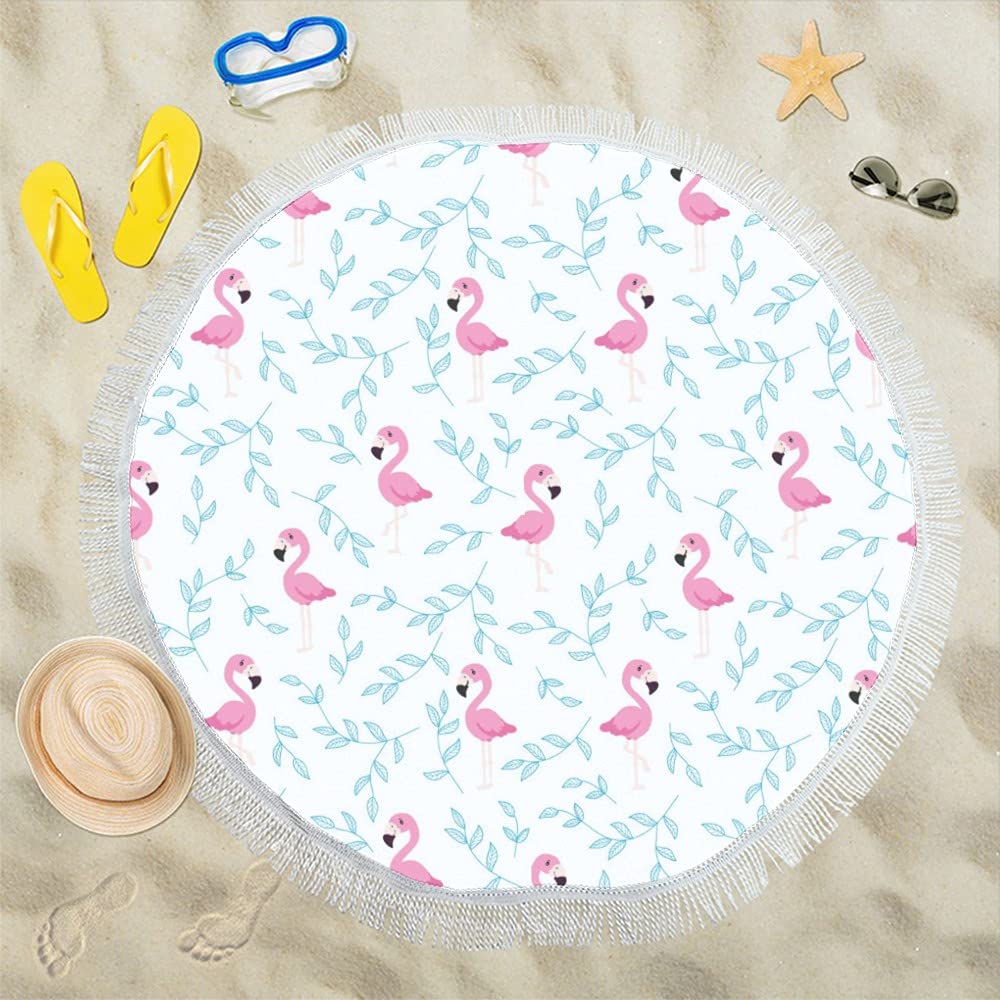 Exotic Tropical Leaves & Flamingos Round Beach Towel - 59 Inch Large Soft Pool Towel with Tassels for Adults & Kids | Perfect for Beach, Poolside, Picnics & Outdoor Activities