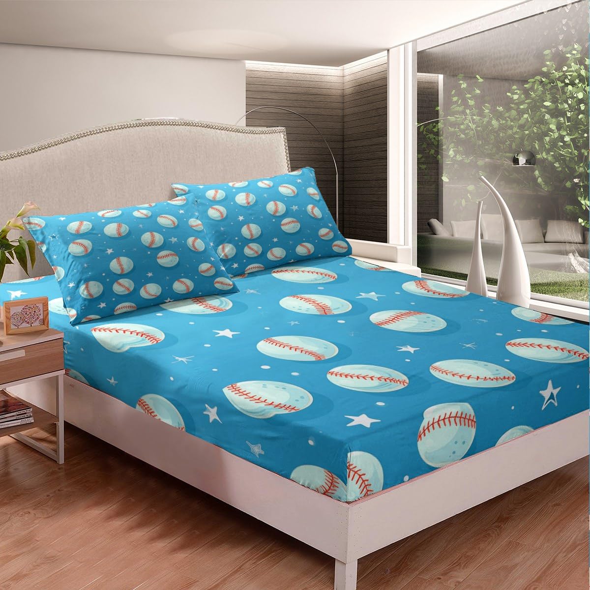 Feelyou Baseball Bed Sheet Set - Full Size Sports Themed Bedding for Boys & Kids - 3 Piece Set with Fitted Sheet & 2 Pillow Shams (No Flat Sheet) - Star Pattern Blue Bed Cover - Perfect for Sports Fans' Bedrooms & Game Room Decor