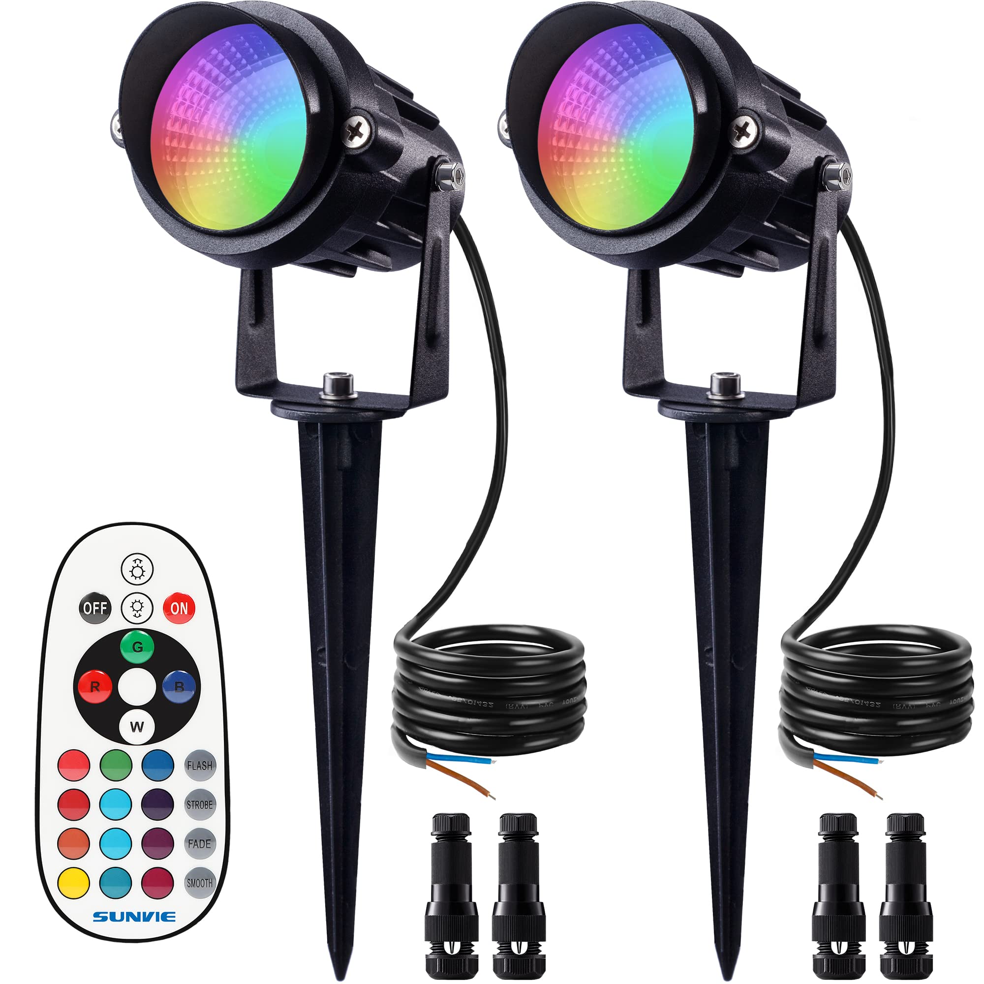 SUNVIE 12W RGB Color Changing LED Landscape Lights - Low Voltage Waterproof Outdoor Lighting for Yard, Garden, Pathway - Remote Control Holiday & Christmas Decorations (2 Pack with Connector) - Perfect for Patio, Deck, Pool Area, and Driveway Lighting