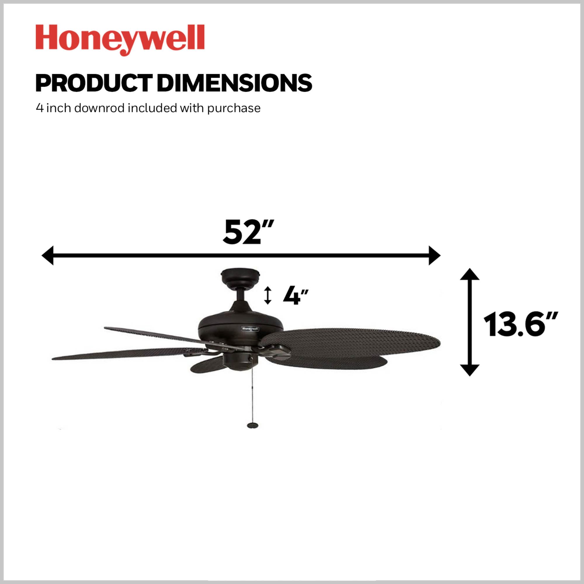Honeywell Duval 52 Inch Indoor/Outdoor Ceiling Fan with Pull Chain - Tri-Mount 5 Blade Tropical Design, ETL Damp Rated, Bronze (50201-01) - Perfect for Patio, Bedroom, and Living Room Cooling
