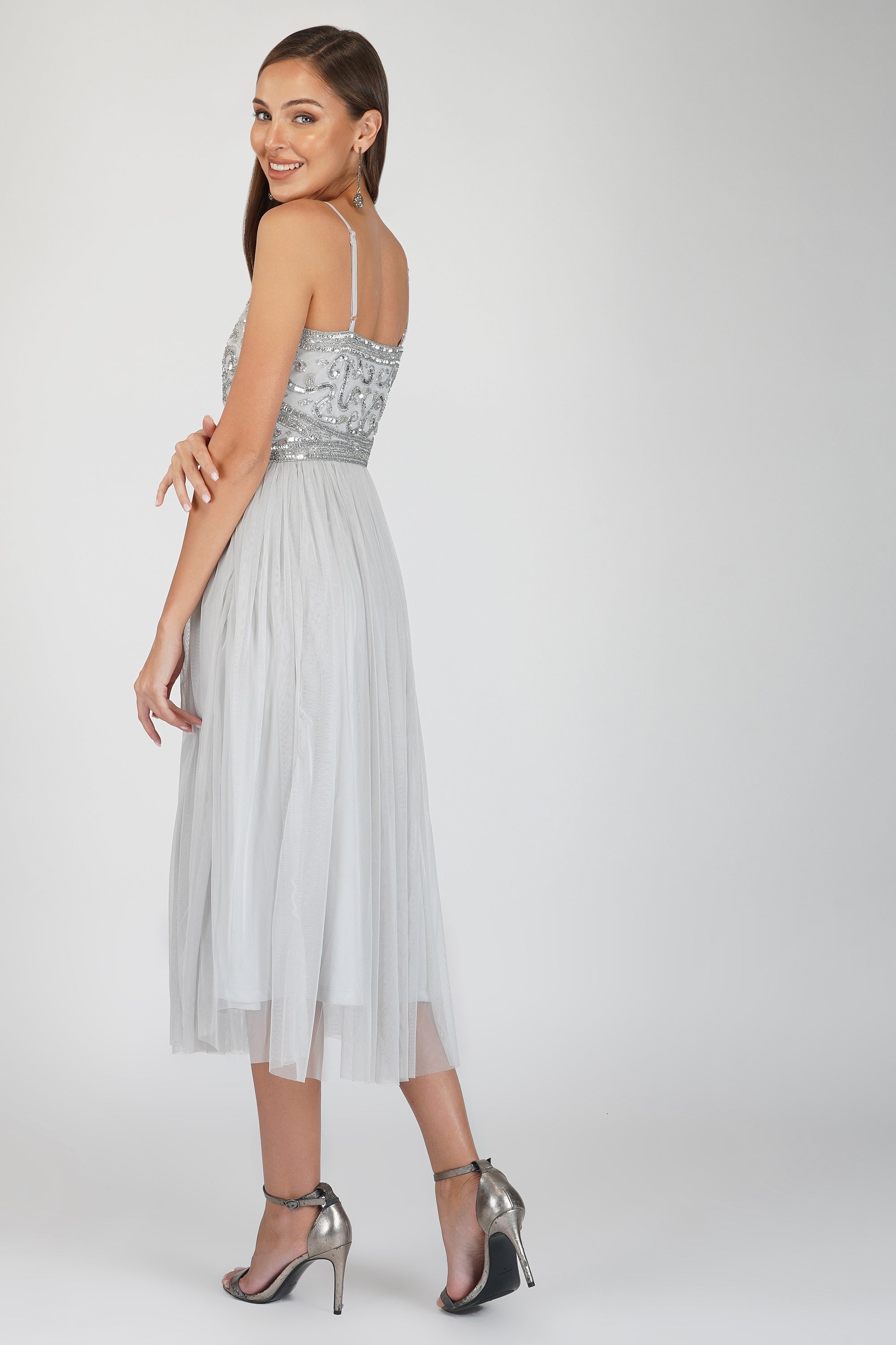Ruhi Embellished Midi Dress in Grey - Elegant Floral Lace Cocktail Party Dress for Women, Perfect for Weddings, Evening Events & Date Nights