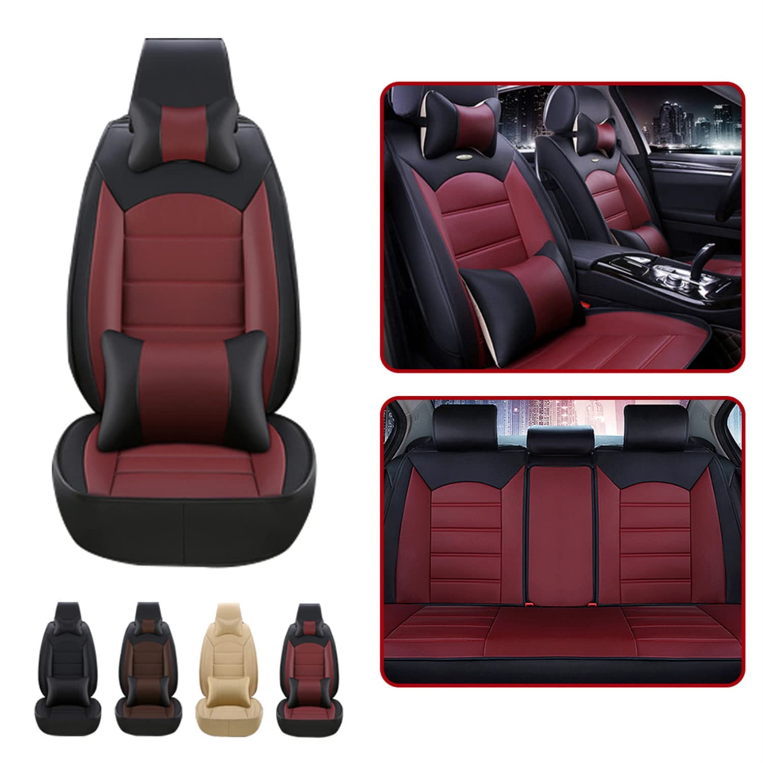 Premium Leather Car Seat Covers - Luxury Front & Rear Set with Headrest Cushions | Waterproof, Wear-Resistant, Airbag-Compatible | Perfect for SUVs, Trucks & Sports Cars | Enhances Comfort & Protects Seats