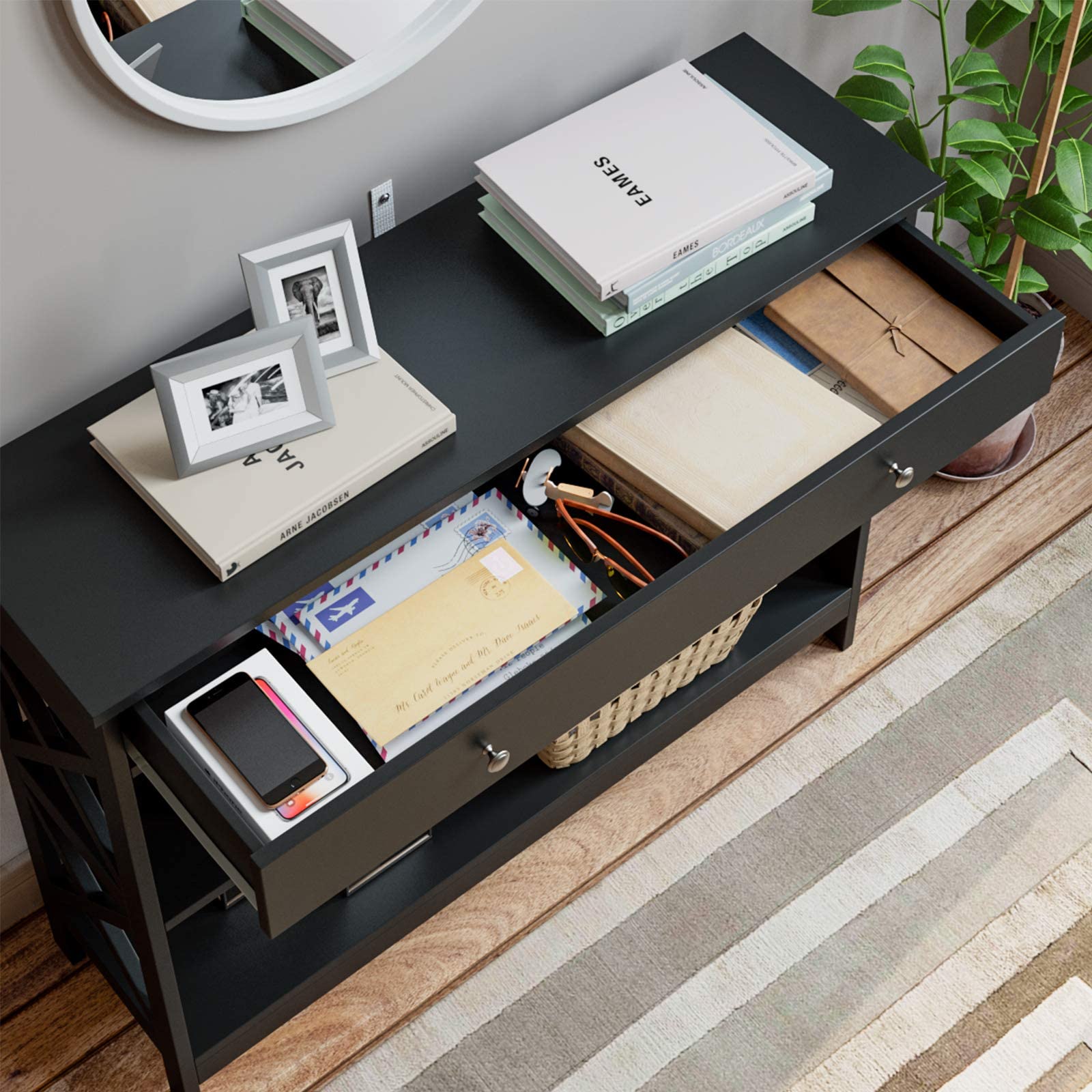3-Tier Narrow Wood Console Table with Drawer & Open Shelves - X-Shaped Sofa Table for Hallway, Entryway & Living Room - Easy Assembly (39.4