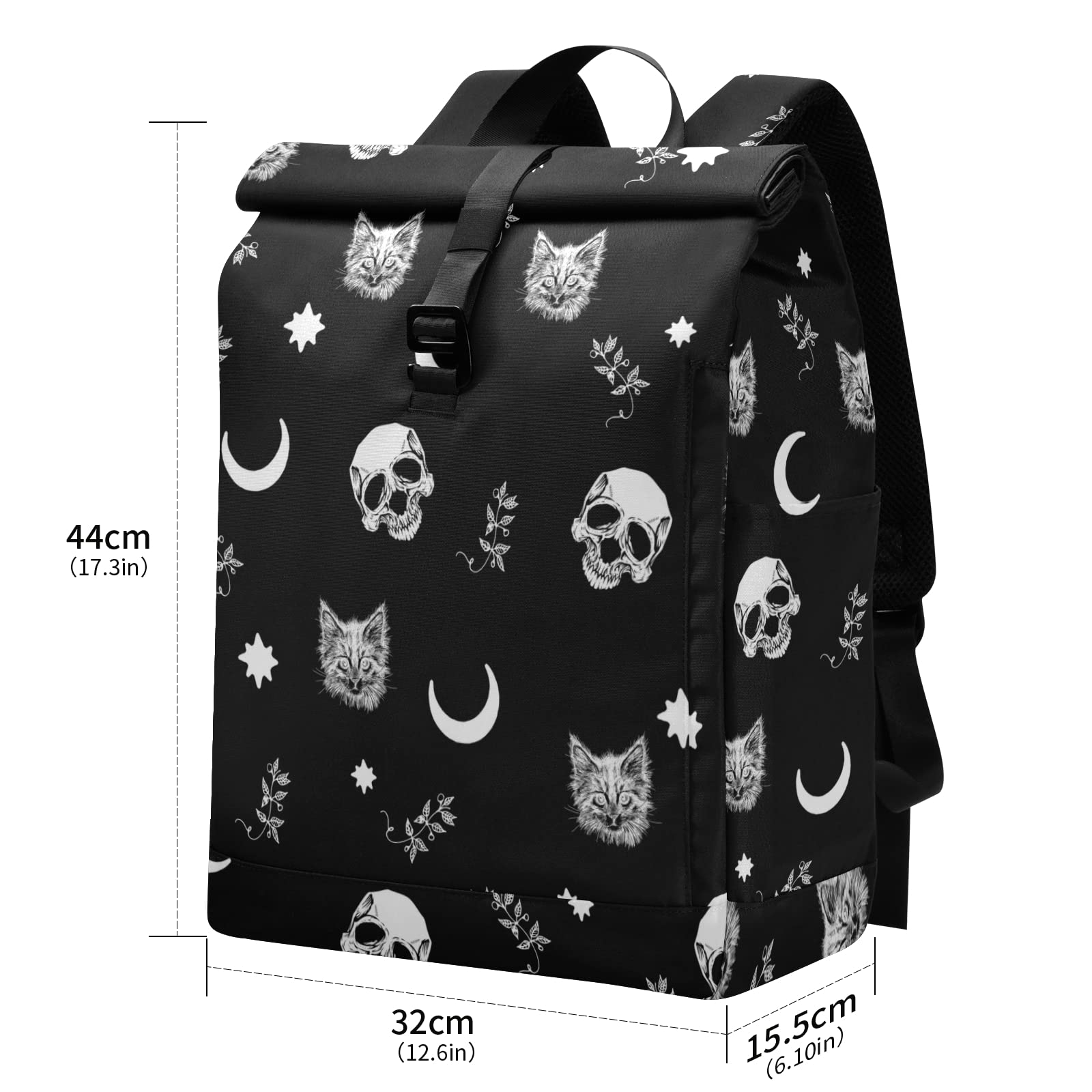 Expandable Waterproof Travel Backpack for Men - Trendy Roll Top Skull Cat Moon Design Laptop Backpack | Perfect for Commuting, Hiking & College Students