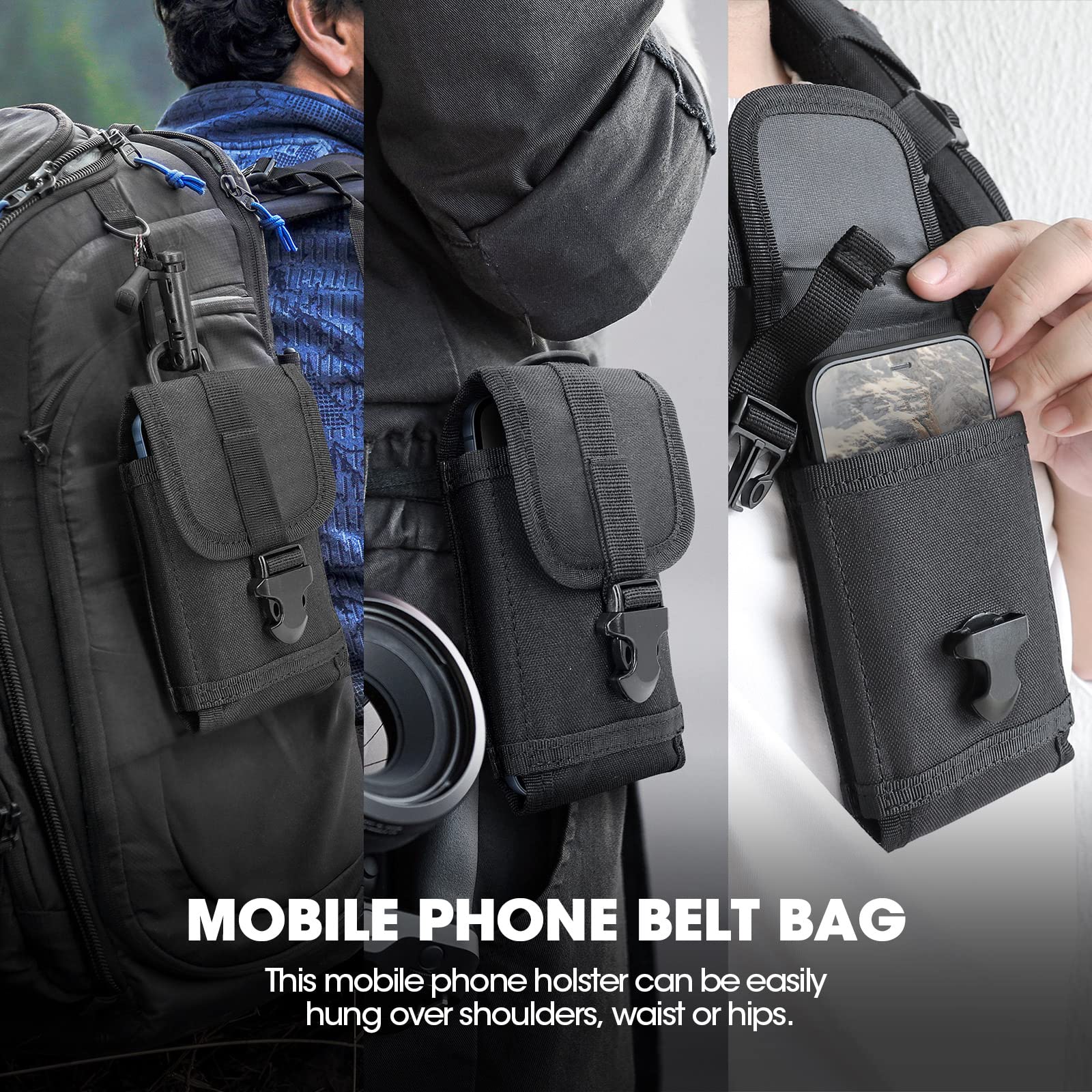 Tactical MOLLE Phone Pouch for iPhone 16 Pro Max/15/14/13 & Samsung Galaxy S25 Ultra/S24/S23 & Pixel 9 - Military Waist Holster with Belt Clip, D-Ring & Secure Buckle - Perfect for Outdoor Activities, Hiking, Camping and Tactical Gear