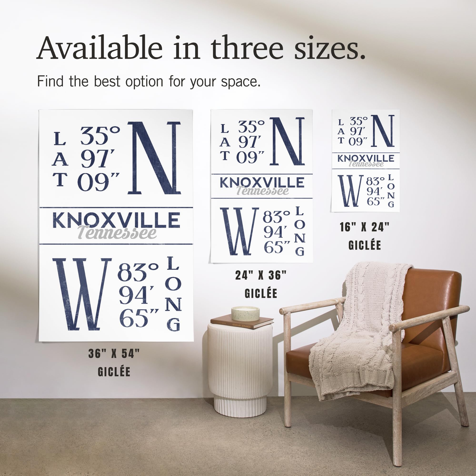 Lantern Press 16x24 Inch Giclee Art Print - Knoxville Tennessee Cityscape with Latitude & Longitude Coordinates in Blue - Perfect for Home Decor, Office Wall Art & Tennessee Gift Ideas