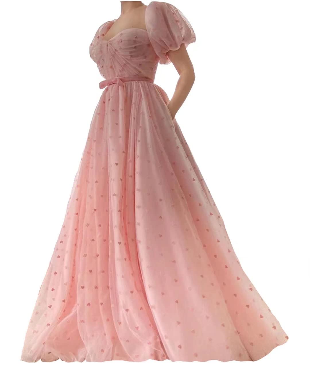 UZN Floral Embroidery Puffy Sleeve Prom Dress - Tea Length Tulle Formal Gown with Pleated Skirt for Evening Party, Homecoming, Wedding Guest & Special Occasions