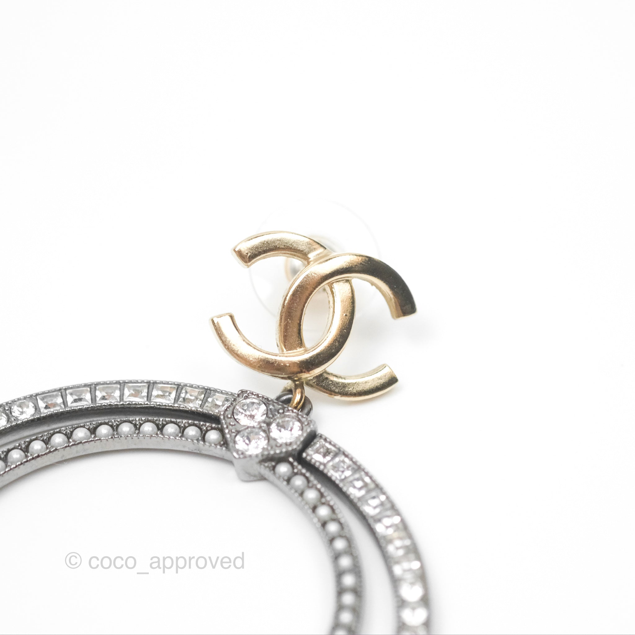 Chanel CC Circles Crystal Drop Earrings - Brushed Gold Tone & Gun Metal 20P - Luxury Fashion Jewelry for Women, Perfect for Parties, Weddings & Special Occasions