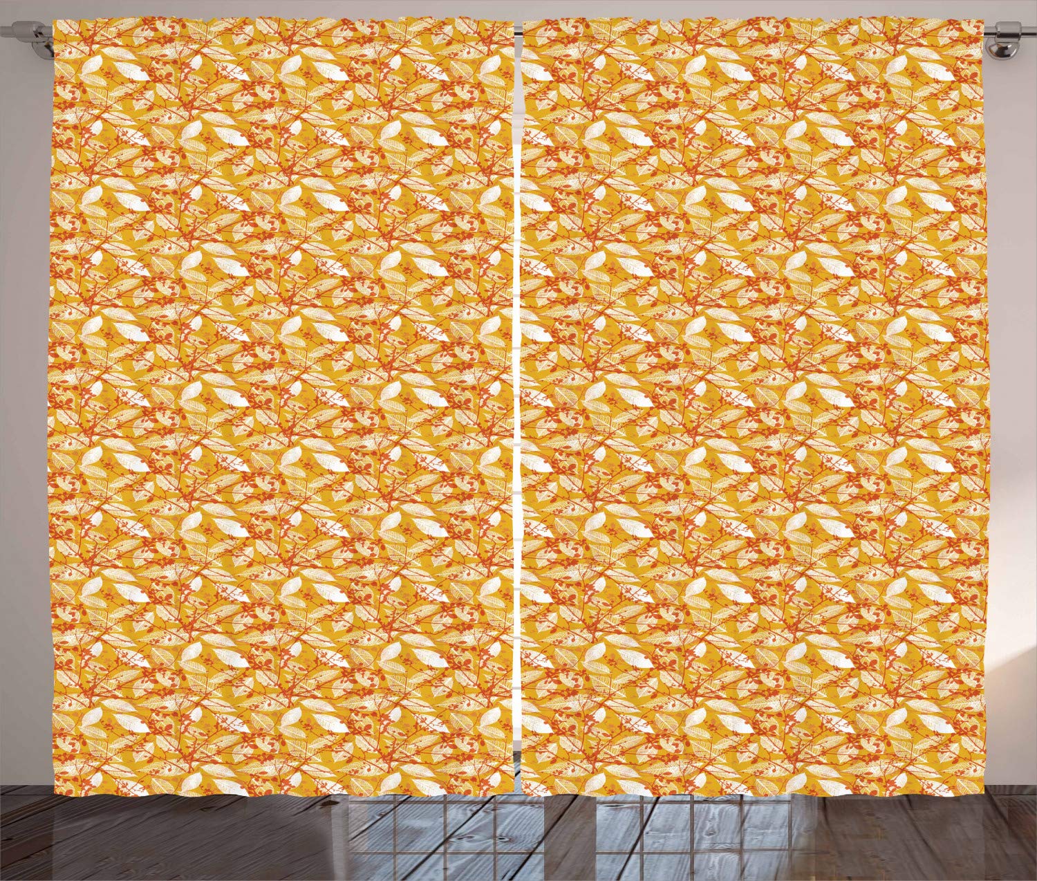 Ambesonne Autumn Curtains - Fall Foliage Pattern with Warm Colored Leaf Silhouettes - 2 Panel Set (108