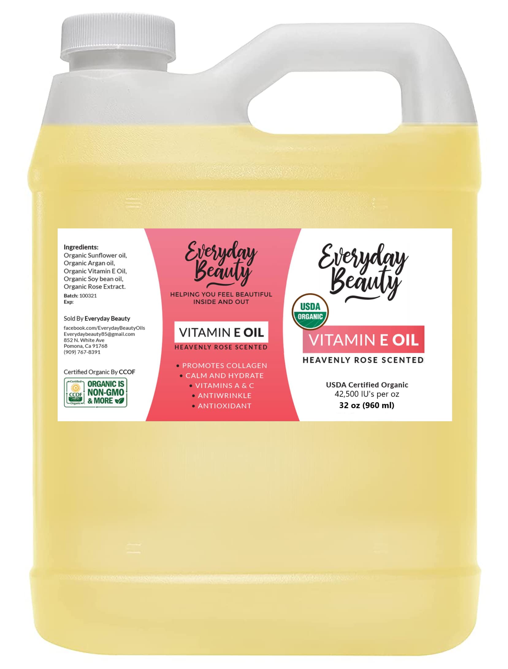 Organic Vitamin E Oil 32 oz - USDA Certified 100% Natural Plant-Based with Heavenly Rose Scent - Lightweight Formula for Scars, Face, Skin & Nails - Perfect for Post-Surgery Care, Anti-Aging & Daily Moisturizing
