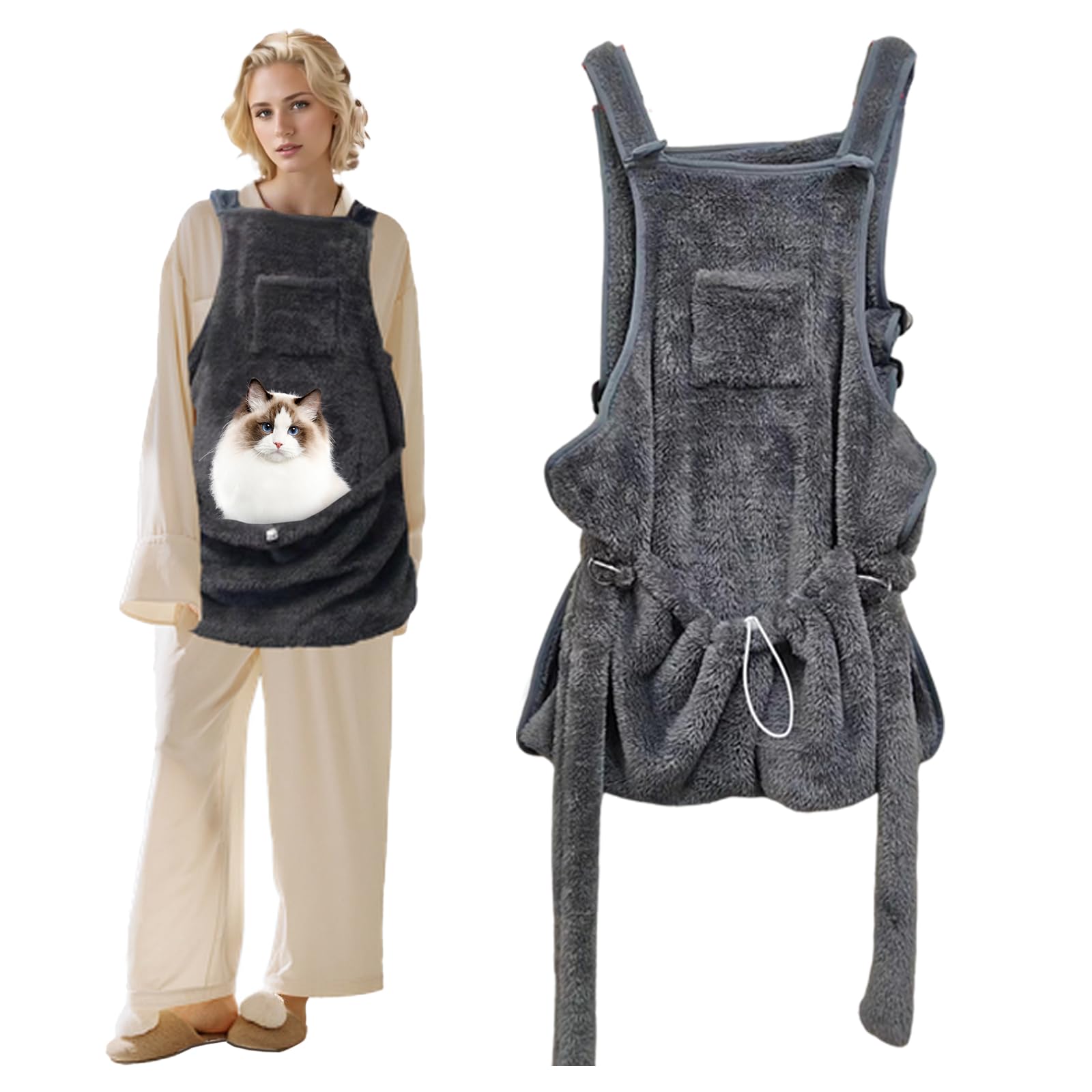 Adjustable Cat Sling Carrier - Hands Free Chest Apron with Shoulder Straps & Waist Support - Comfortable Pet Carrier for Small Cats & Dogs (Grey) - Perfect for Travel, Hiking, and Outdoor Adventures with Your Furry Friend