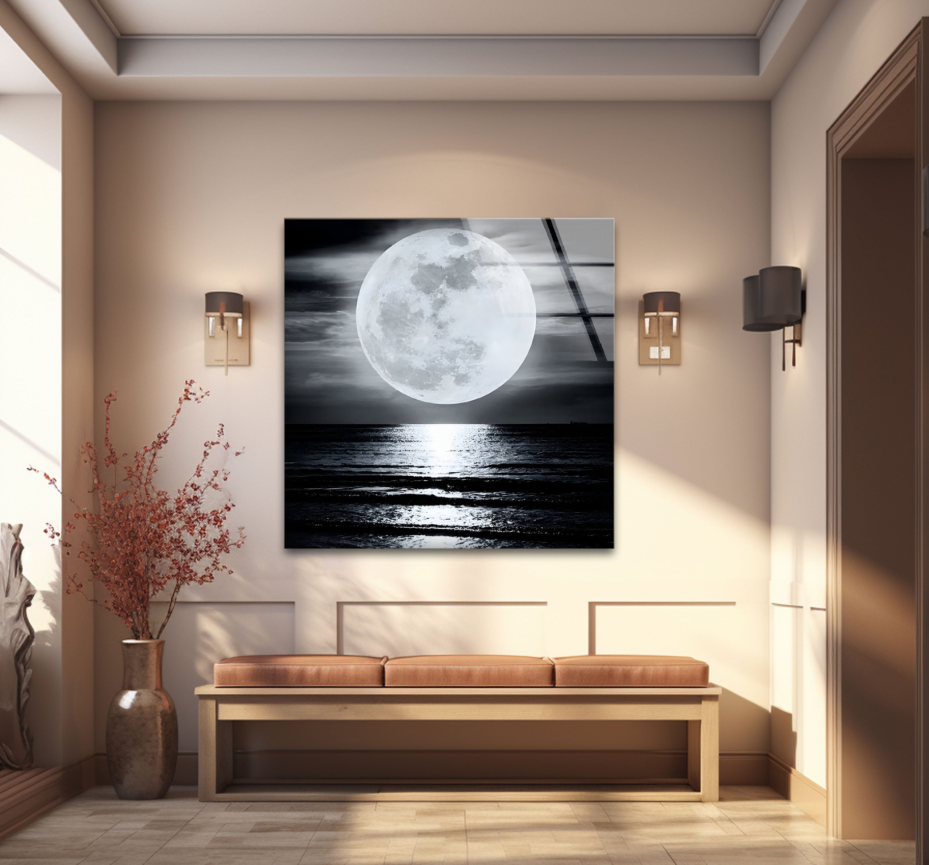 Black and White Moon Landscape Glass Wall Art - Modern Home Decor for Living Room, Bedroom & Office - Perfect Gift for Housewarming, Wedding & Birthday