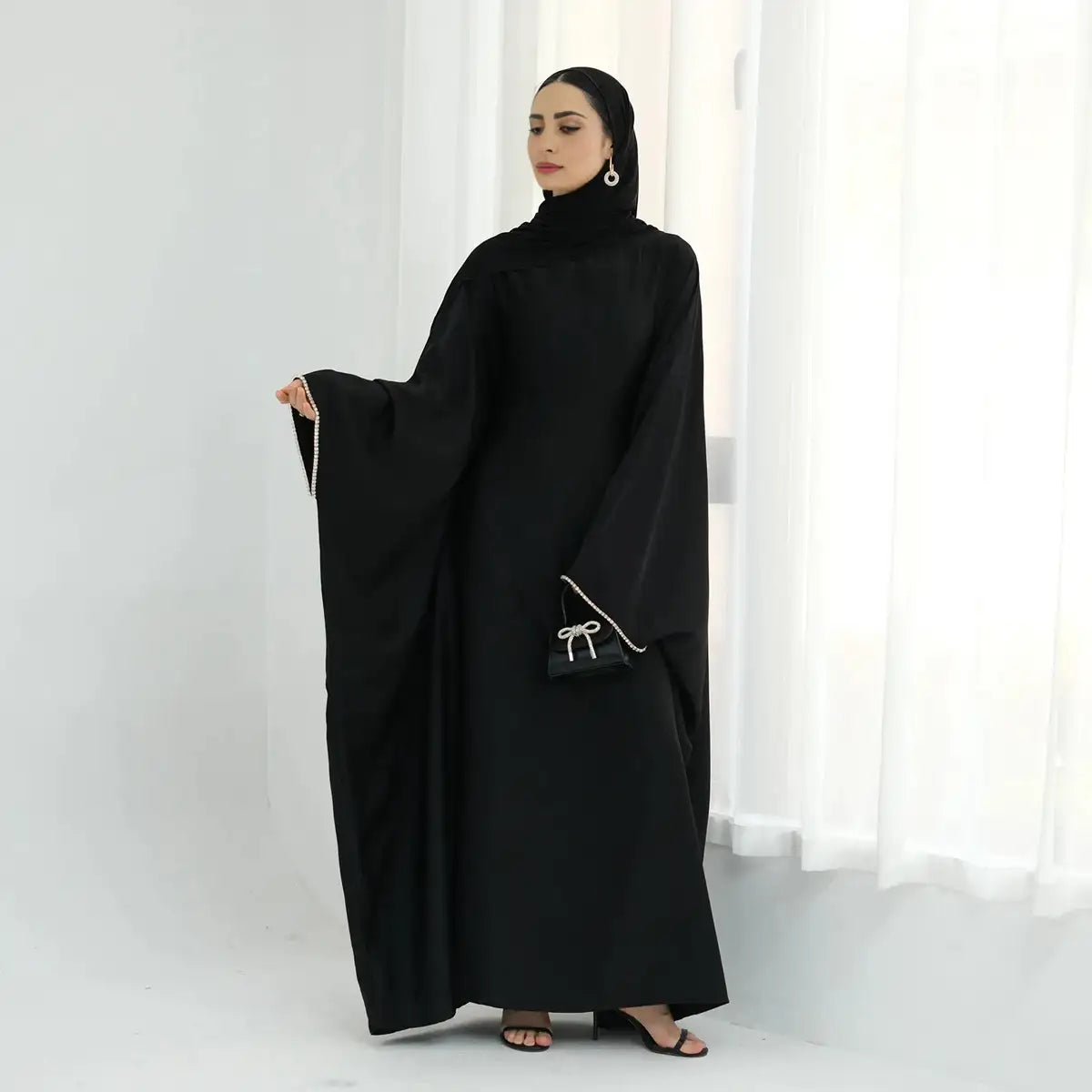 Elegant Beaded Batwing Sleeve Satin Farasha Abaya Dress for Women | Modest Islamic Evening Gown | Perfect for Weddings, Eid Celebrations & Special Occasions