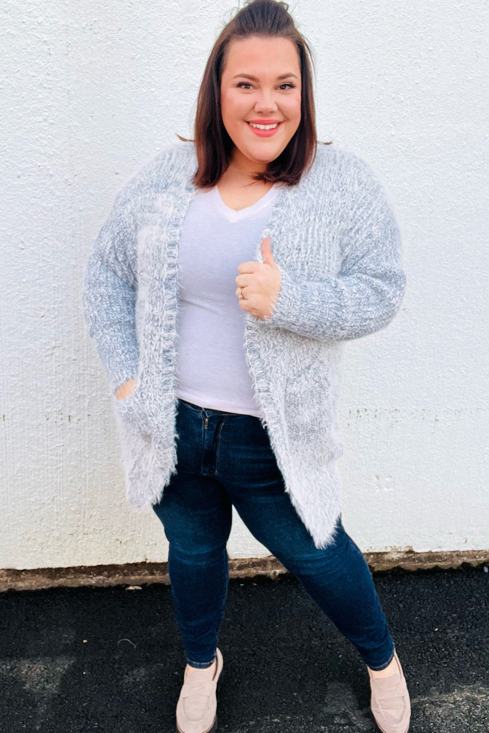 Leading Lady Slate Blue Two-Tone Fuzzy Soft Brushed Cardigan Sweater - Cozy Winter Wear for Women, Perfect for Office, Lounge & Casual Outings