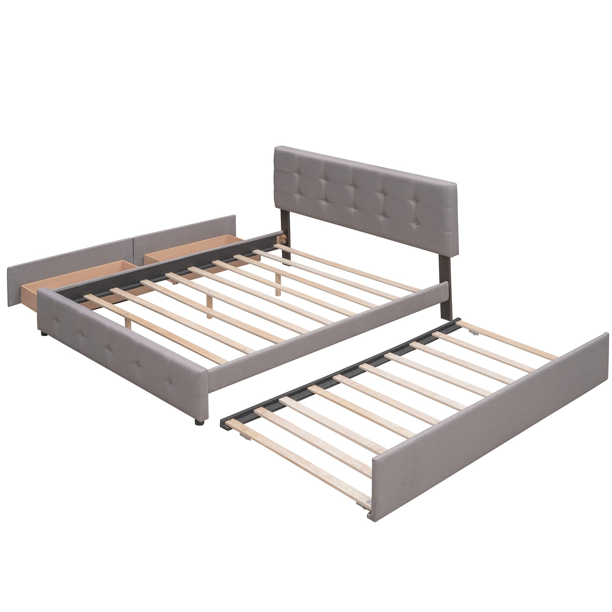 Queen Upholstered Storage Bed with Wooden Platform & Twin XL Trundle - Light Grey Button Tufted Headboard | Space-Saving Bedroom Solution for Small Spaces & Guest Rooms