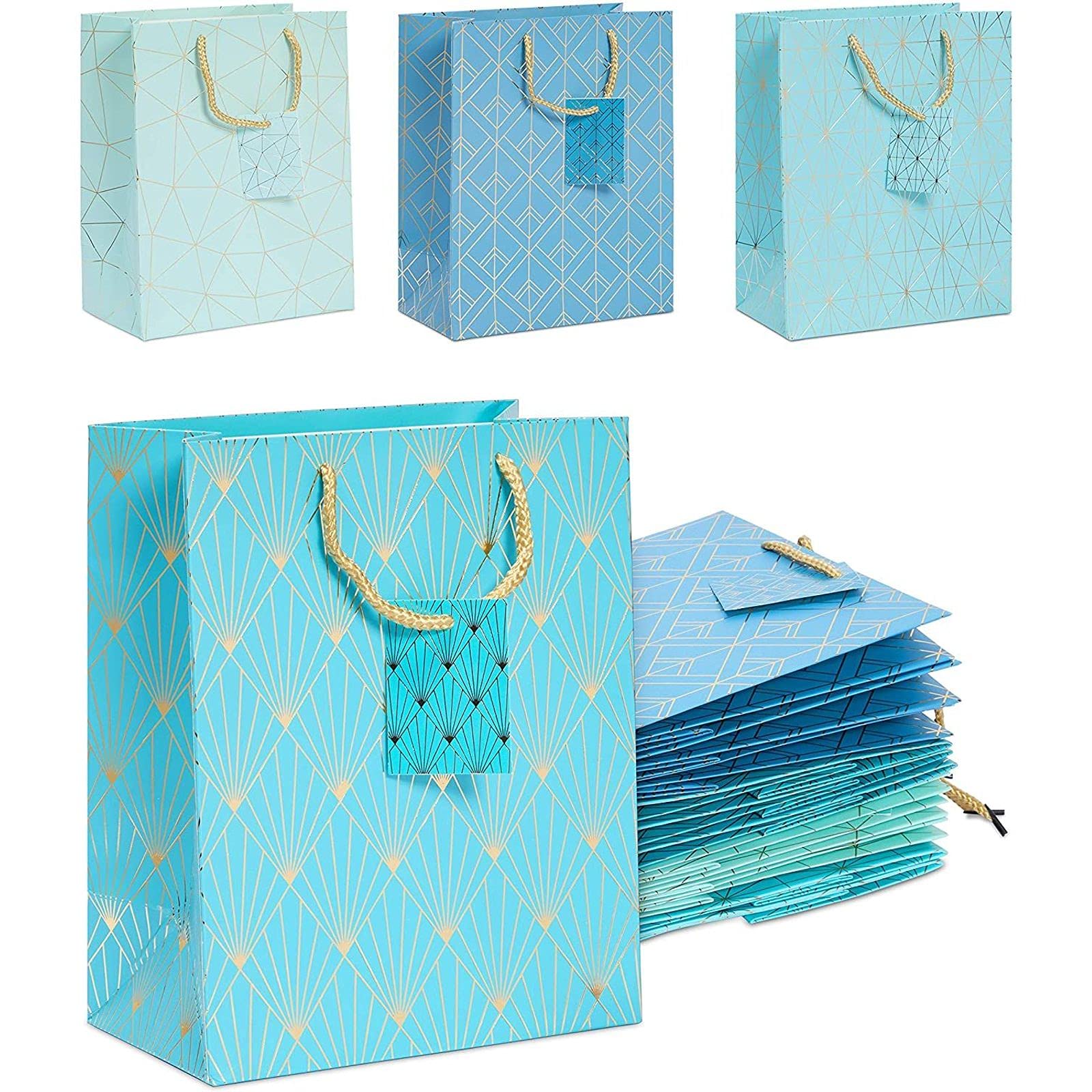 Premium Blue & Gold Foil Gift Bags with Handles - 15 Pack Elegant Baby Shower & Wedding Favor Bags (4 Stylish Designs) - Perfect for Party Favors, Bridal Showers & Special Occasions