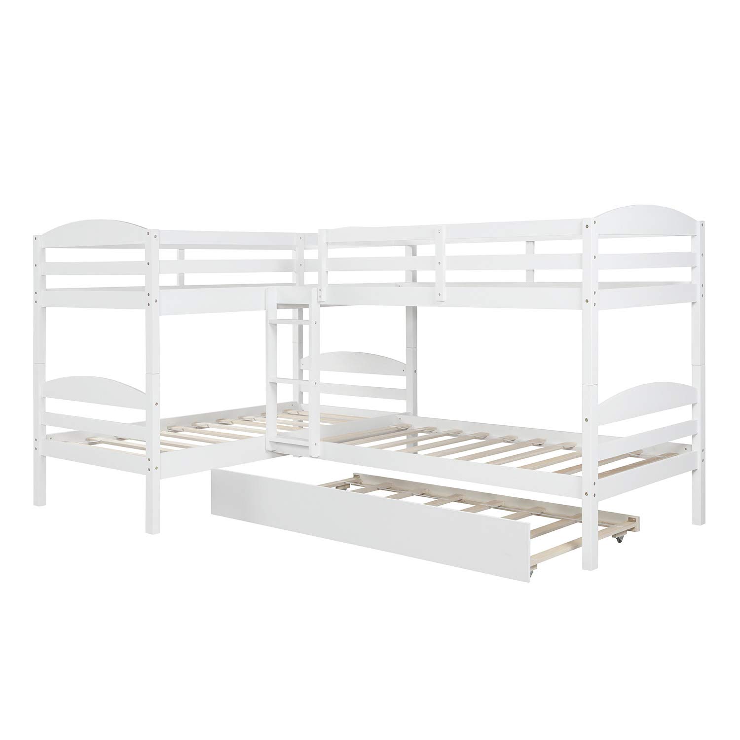 Twin Over Twin L-Shaped Wooden Bunk Bed for Kids & Teens with Trundle - Convertible to 2 Corner Platform Beds - No Box Spring Needed - White (Perfect for Shared Kids' Rooms, Sleepovers & Small Spaces)