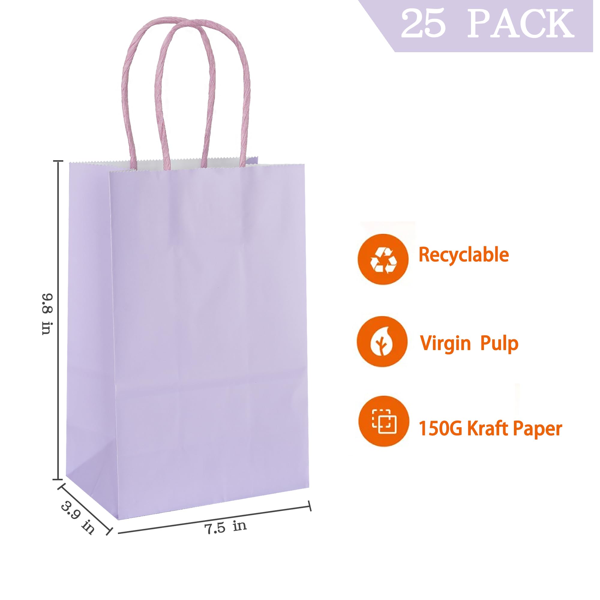 AZOWA 25-Pack Medium Kraft Paper Gift Bags with Handles - 9.8 x 7.5 x 3.9 Inches, Light Purple - Eco-Friendly Party Favor Bags for Birthday, Wedding, Baby Shower & Holiday Gifts