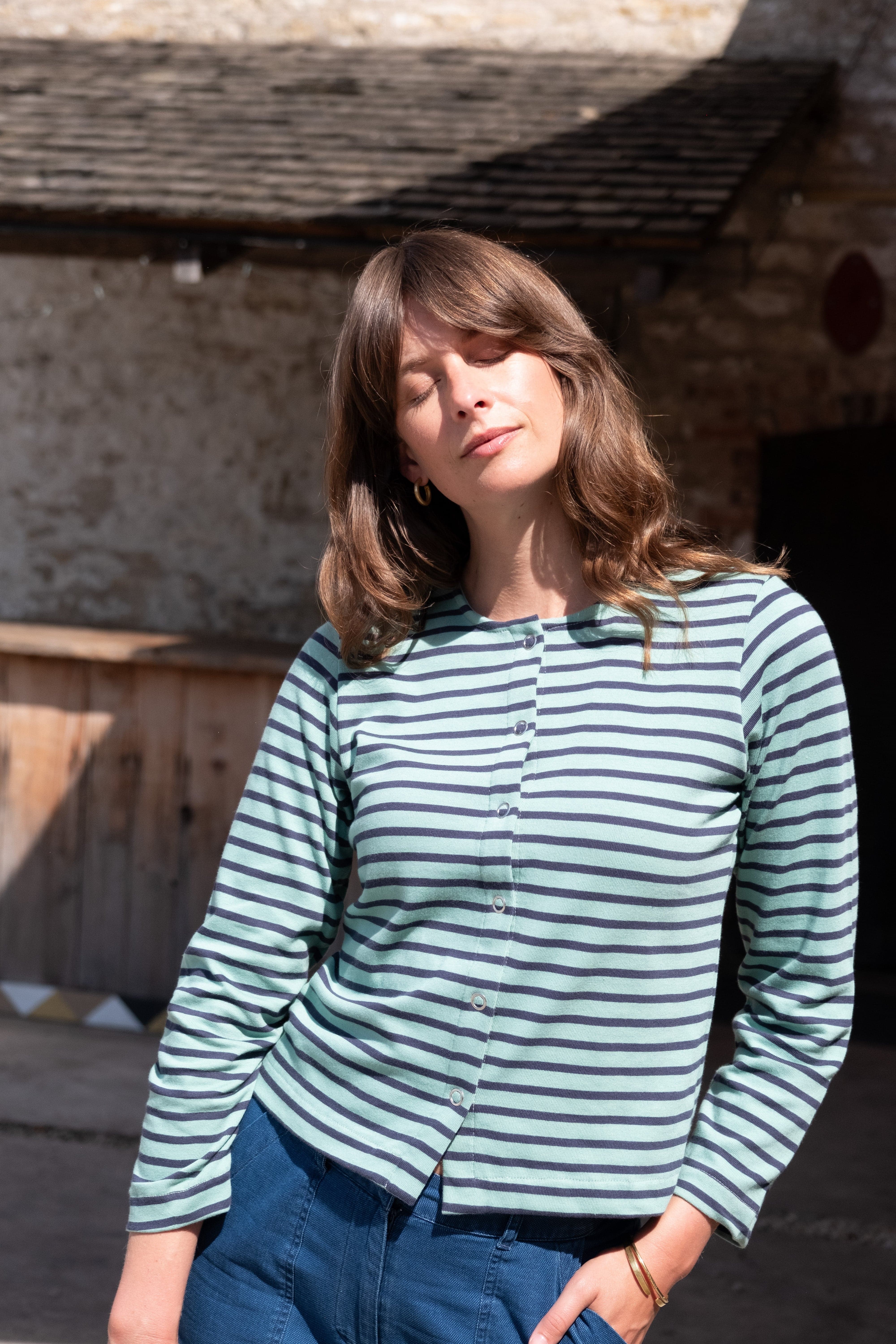 Women's Cotton Jersey Cardigan - Soft Long Sleeve Open Front Sweater in Duck Egg & Indigo Stripes | Perfect for Office Wear, Casual Outfits and Layering in Fall & Winter