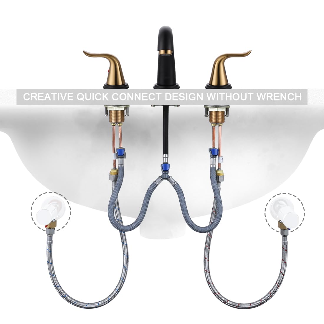 WOWOW Black and Gold 8-Inch Widespread Bathroom Sink Faucet - 3 Hole Vanity Faucet with 2 Handles, Pop-Up Drain & Supply Hose - Perfect for Modern Bathroom Renovation & Luxury Home Decor