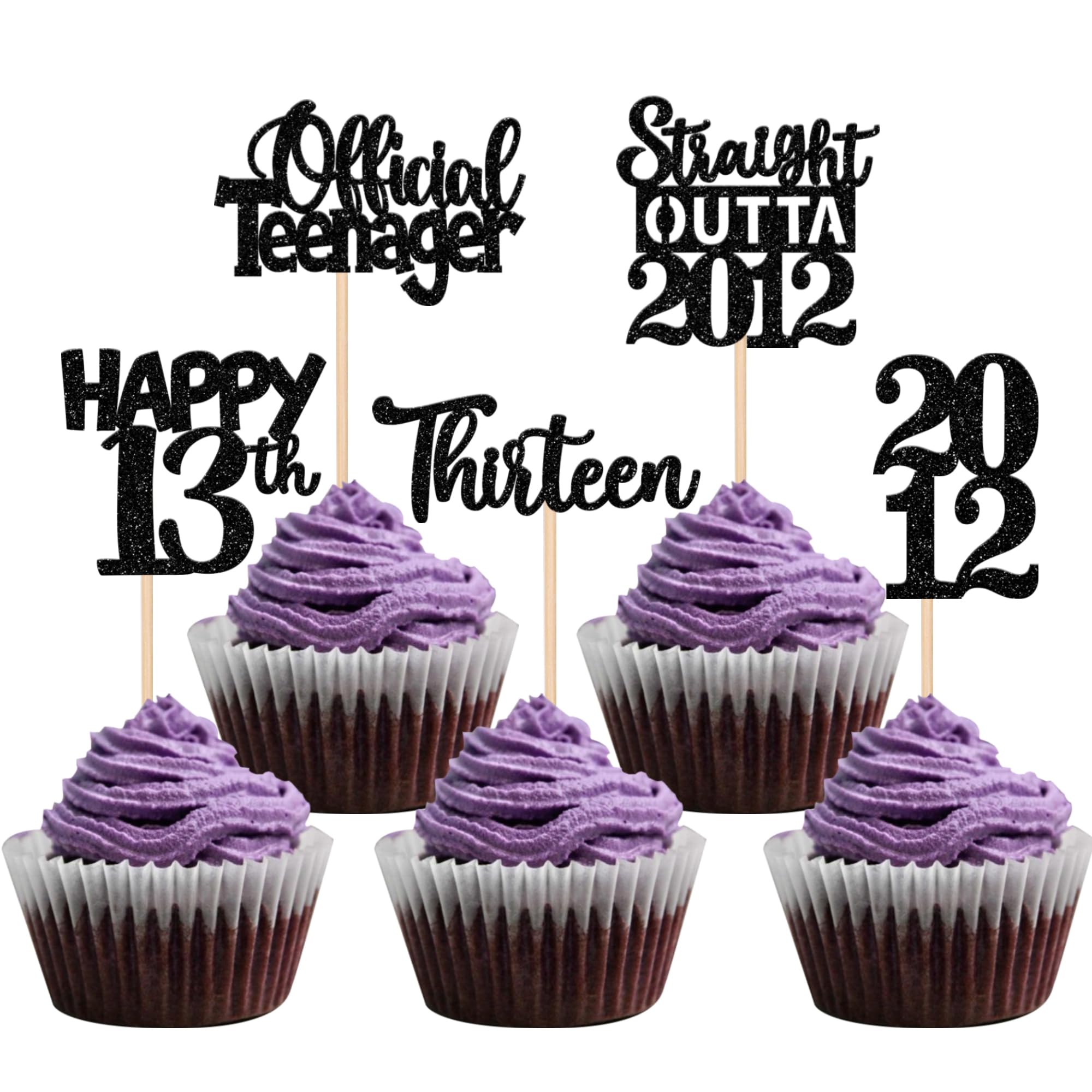 30PCS Black 13th Birthday Cupcake Toppers - Glitter Thirteen Happy 13th Straight Outta 2012 Cupcake Picks - Cheers to 13 Years Party Decorations - Perfect for 13th Birthday, Anniversary & Teen Celebrations
