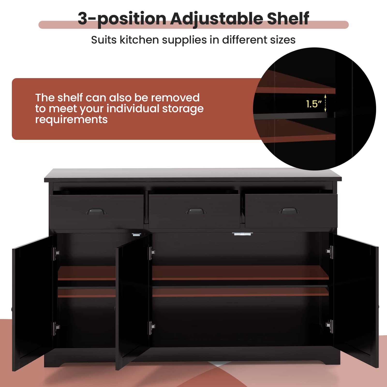 Giantex Sideboard Buffet Server - 2 Cabinets & 3 Drawers Storage Cabinet with Adjustable Shelves, Brown - Perfect for Kitchen, Dining Room & Entryway Organization