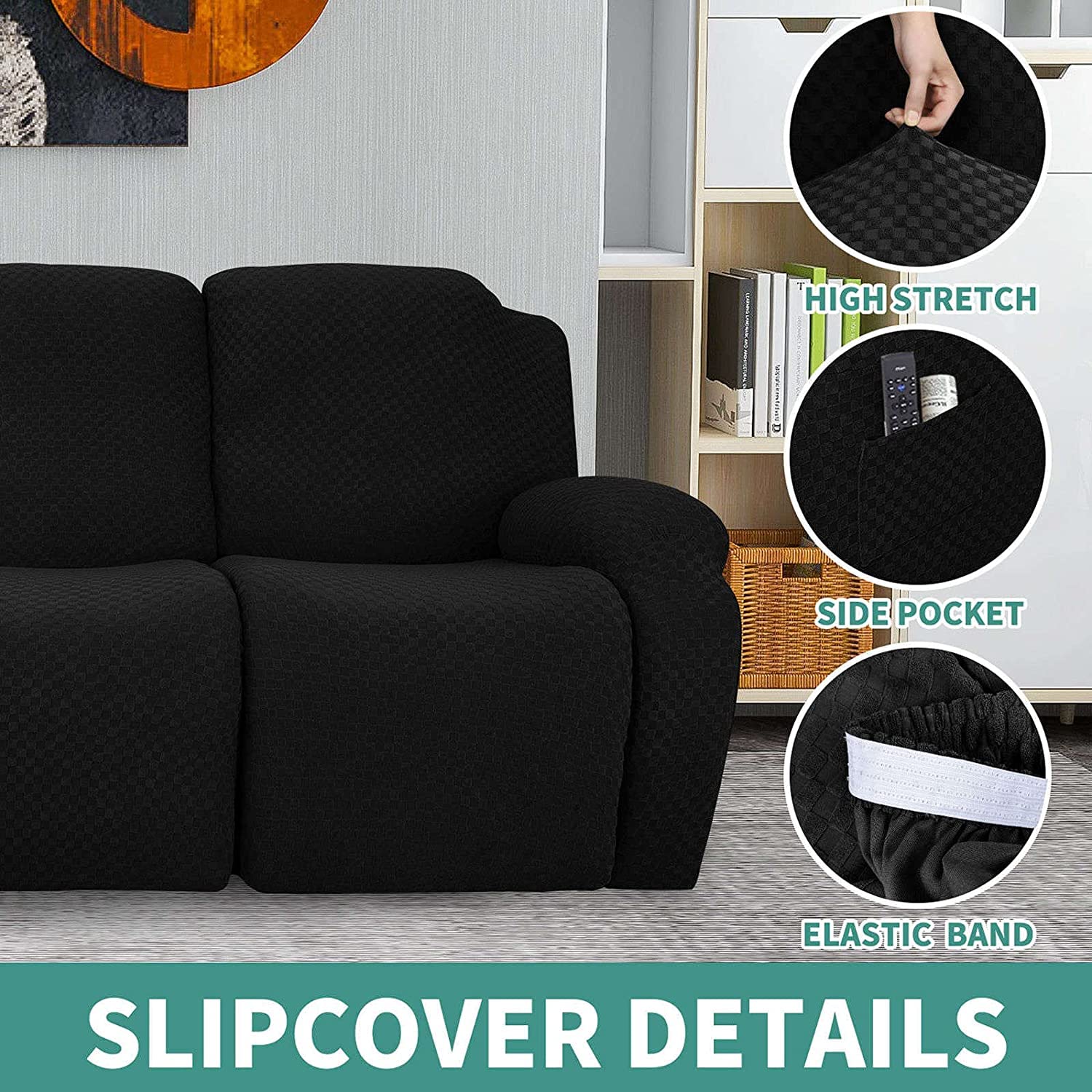 Soft Jacquard Stretch Recliner Slipcover with Side Pockets & Non-Slip Elastic Bottom - Breathable Reclining Chair Cover for Living Room Armchairs & Couches (Black, Recliner Size) - Perfect for Home Theater, Reading Nook & Lounge Relaxation