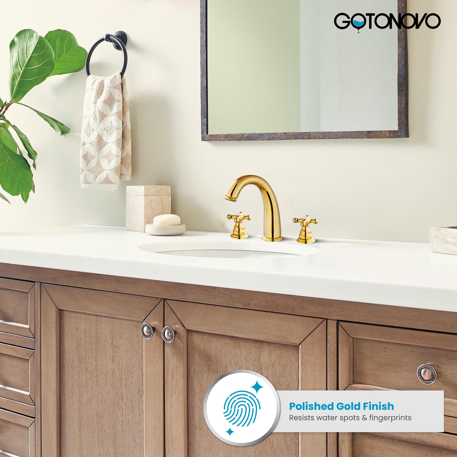 Gotonovo 8 Inch Widespread Bathroom Sink Faucet - 3 Hole Deck Mount with Cross Handles & Pop Up Drain - Polished Gold Finish - Perfect for Modern Bathroom Renovations and Luxury Home Decor