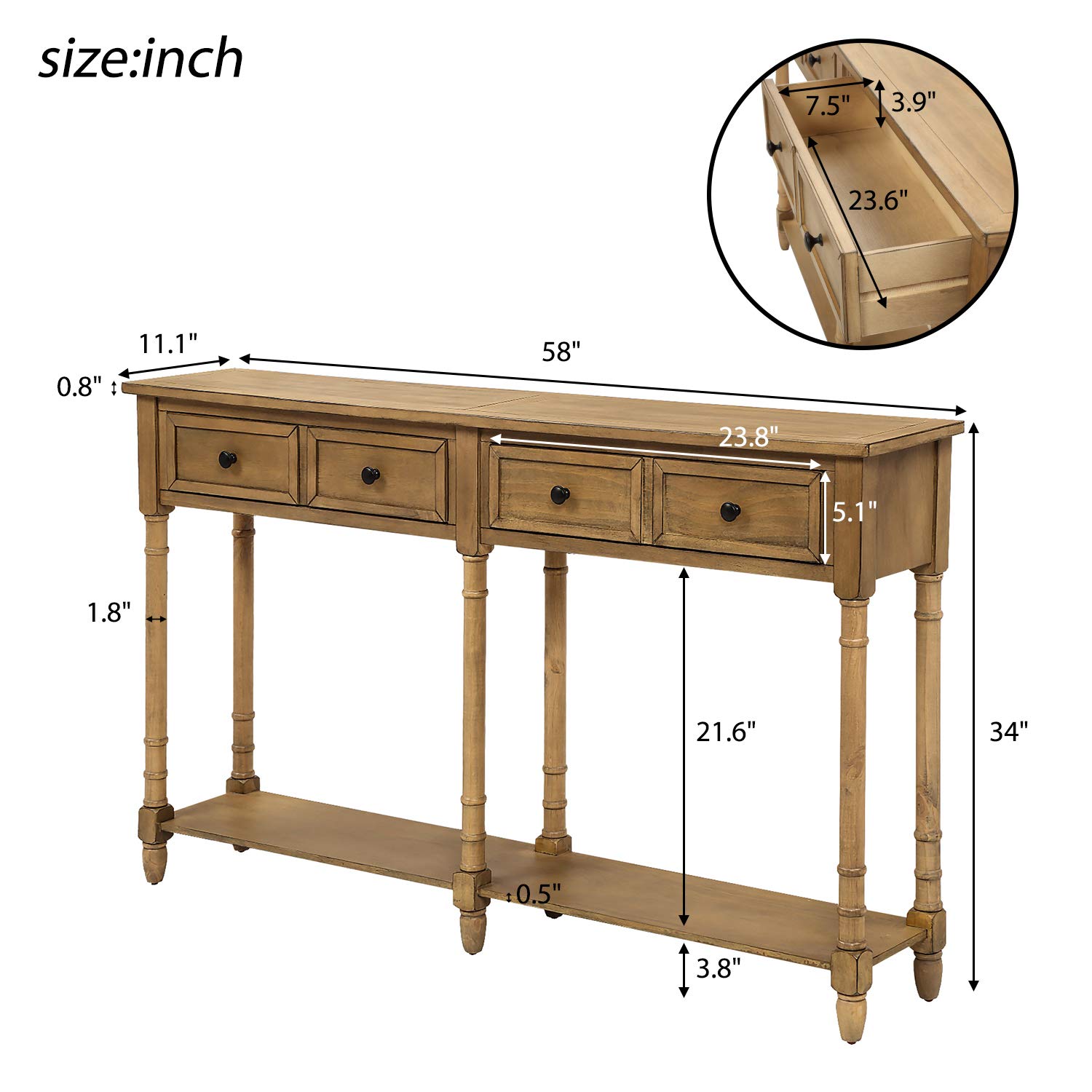 HOUAGI Entryway Console Table with 2 Storage Drawers & Bottom Shelf - Solid Wood Hallway Sofa Table for Living Room, Foyer - Easy Assembly (Old Pine) - Perfect for Small Spaces, Home Decor & Organizing Keys, Mail